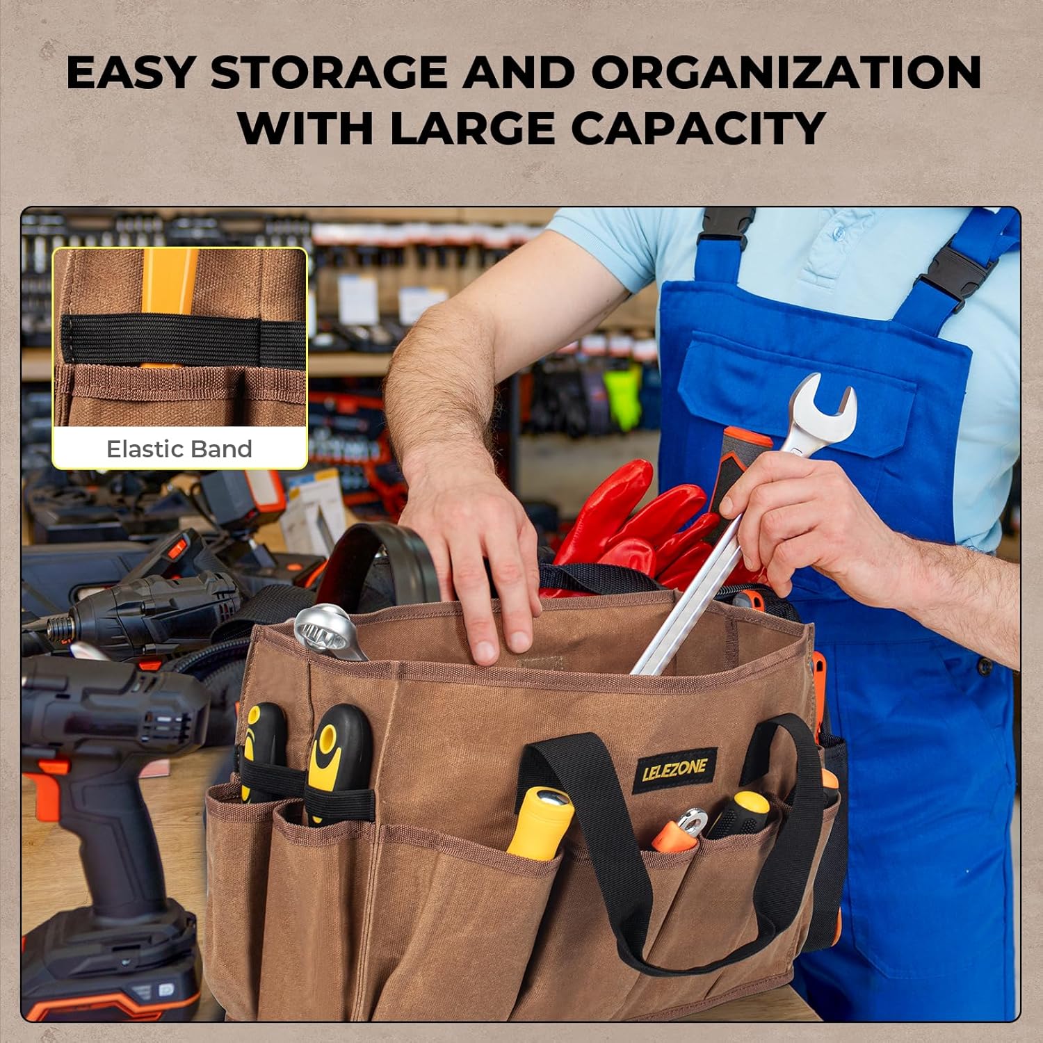 Tool Bag 16 oz. Waxed Canvas Tool Bag Large Capacity Tool Storage Tote comes with a Main Compartment and 12 Exterior Pockets for Wrenches, Scissors, Hammers or a set of Garden Tools and More - Khaki - Image 5