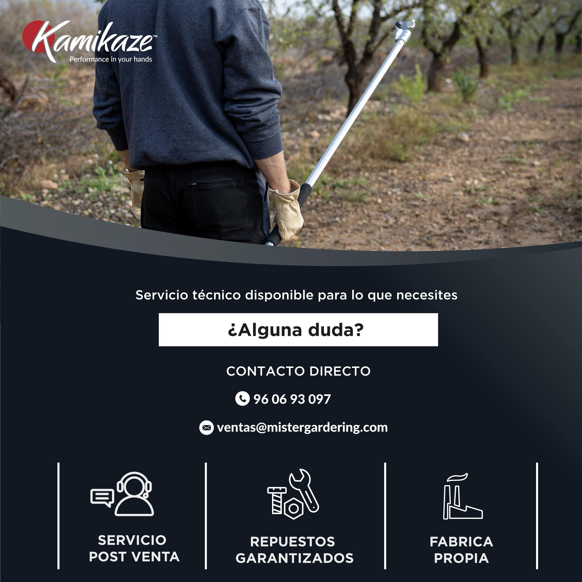 KAMIKAZE KV155. Tijera Eléctrica en altura sin cables. Corte Ø 40 mm. Longitud pértiga 155 cm. Hasta 8 horas autonomía. Incluye dos baterías de litio recargables. Poda Eléctrica