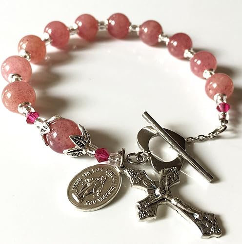 Miniatura 2 de elegantmedical PULSERA DE CUENTAS DE CUARZO FRESA INDUSTRIAL CRUZ Rosario de Viaje Flor de Plata, Plata