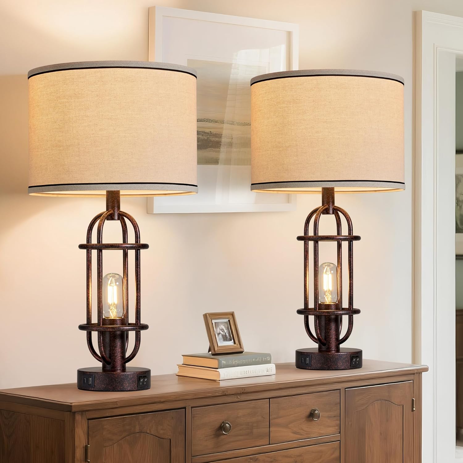 22.3" Table Lamps for Living Room Set of 2, Farmhouse Lamps for Nightstand, Vintage Table Lamps for Bedroom with USB Ports, Bulbs Included