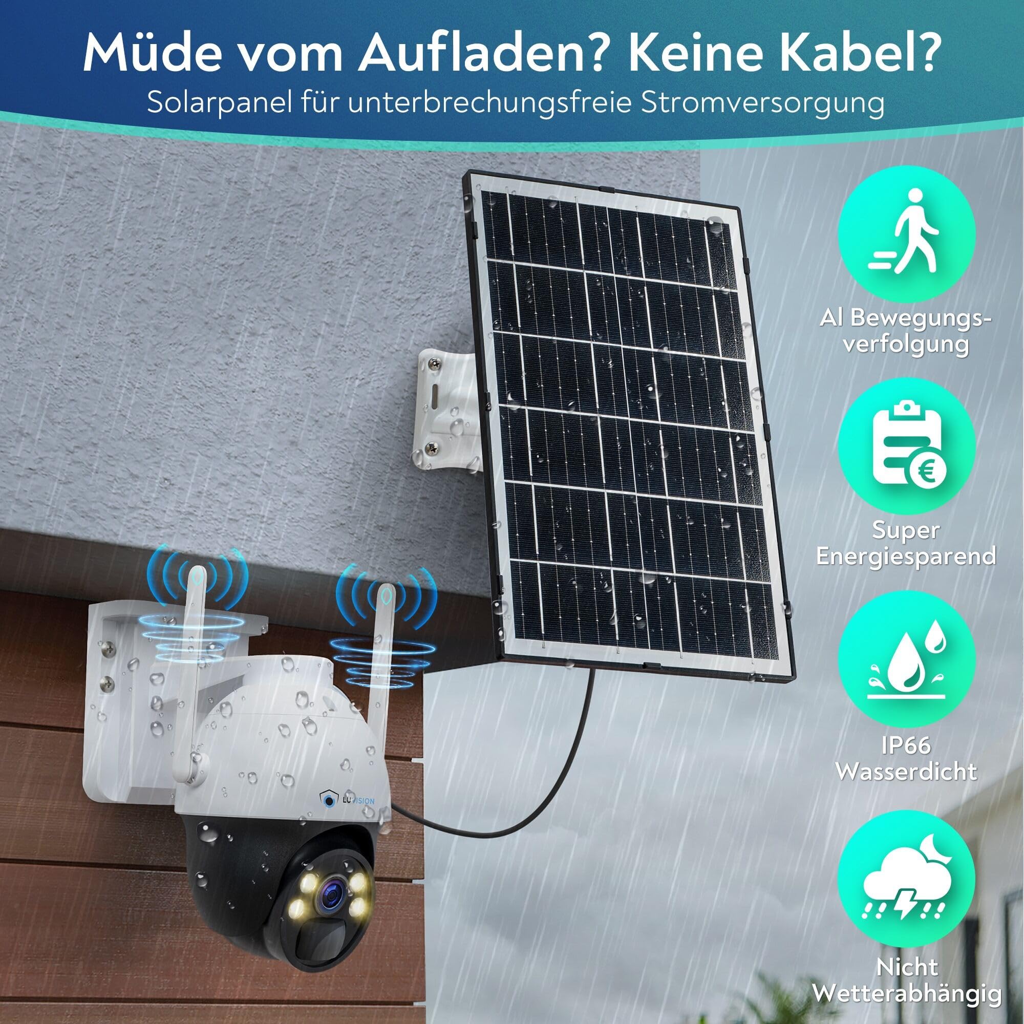 4G LTE【4MP+PTZ+ PC Software】 Solar Überwachungskamera inkl. SIM Karte, außen, Solarpanel, 18000mAh Akku Batterie, 2-Wege Audio, KI Bewegungsverfolgung, Auto Tracking AOV 24/7 Daueraufnahme