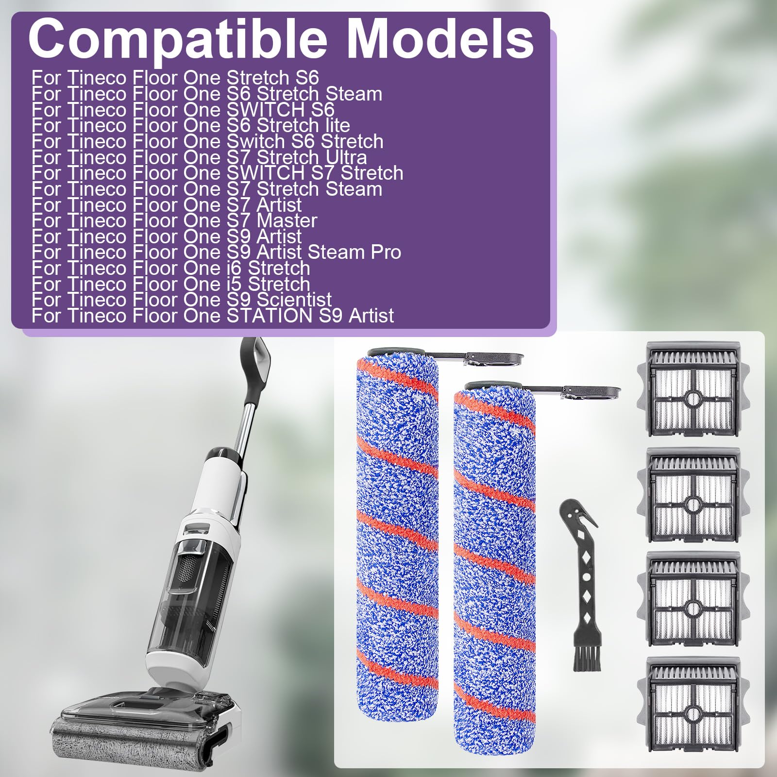 Spazzole a Rullo e Filtro HEPA Ricambi per Accessori per Tineco Floor One S7 Artist/stretch S6 / Switch S6/ S7 Stretch Ultra/ S9 Artist/ S6 Stretch Lite/Switch S7 Stretch/Switch S6 Stretch