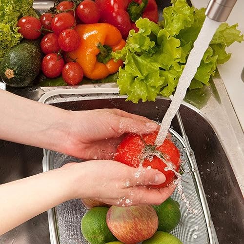 Miniatura 6 de Colador ovalado de acero inoxidable de 6 cuartos de galón con mango de goma expandible, cestas de malla fina para colar, drenar, enjuagar verduras,