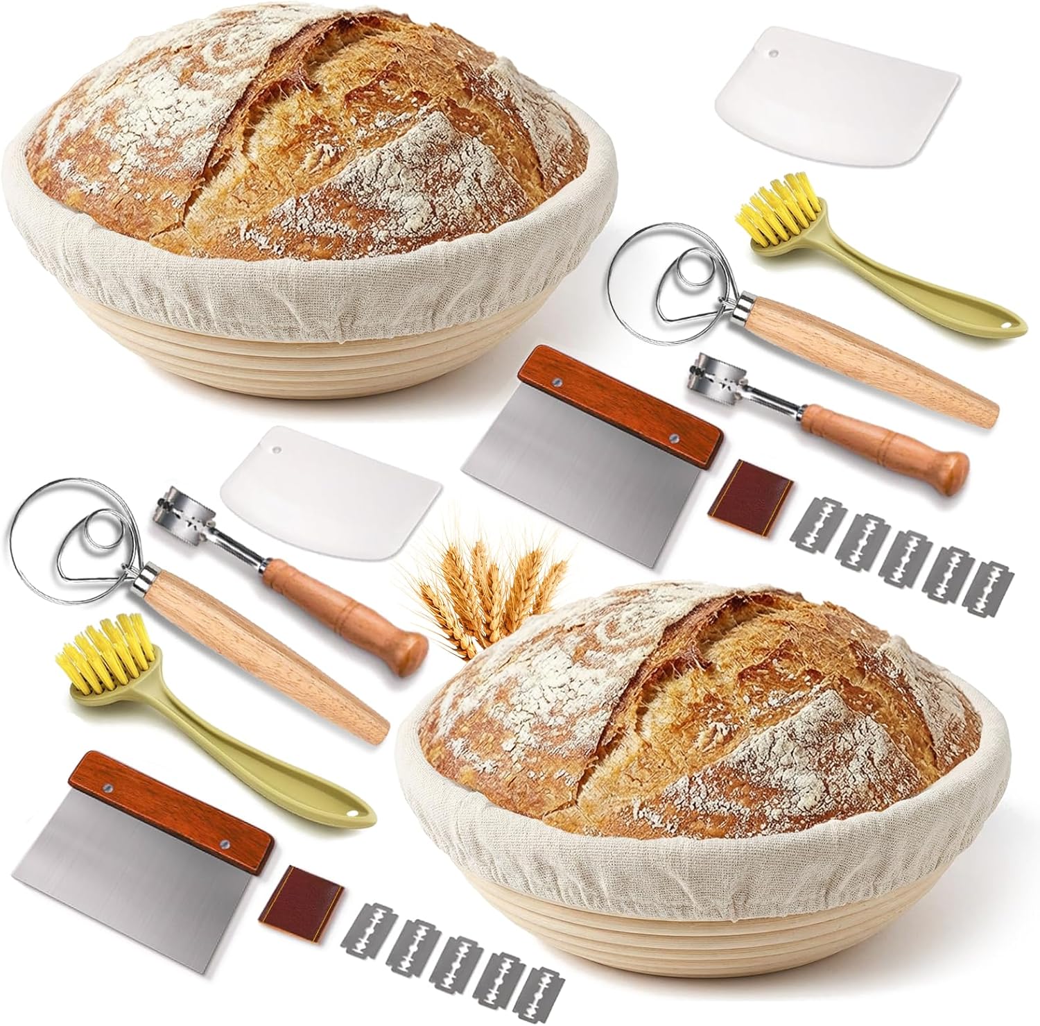 7-Piece 9 Inch Round Proofing Basket, Complete Sourdough Starter Kit with Linen Liner & Tools, Sourdough Bread Baking Supplies & Making Accessories Gift Set - Send Goods from Local Warehouse (4 Pack)