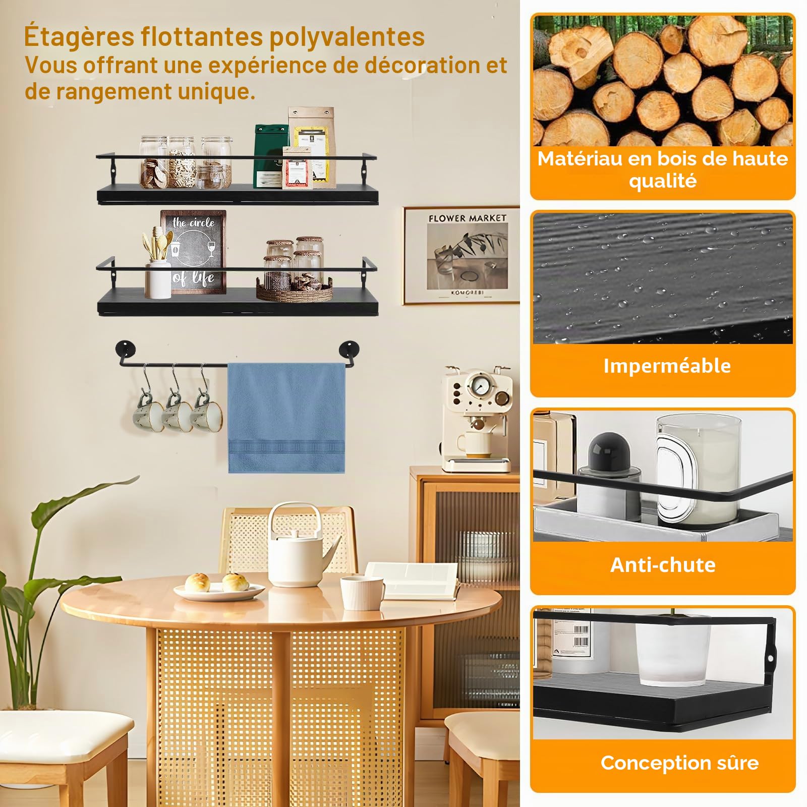 Qivine Lot de 2 Etagère Murale en Bois, Étagère Murale Bois avec Porte-Serviettes, 40 cm Etagere Murale Salle de Bain Flottante, pour Salon, Chambre d'enfant, Chambre à Coucher