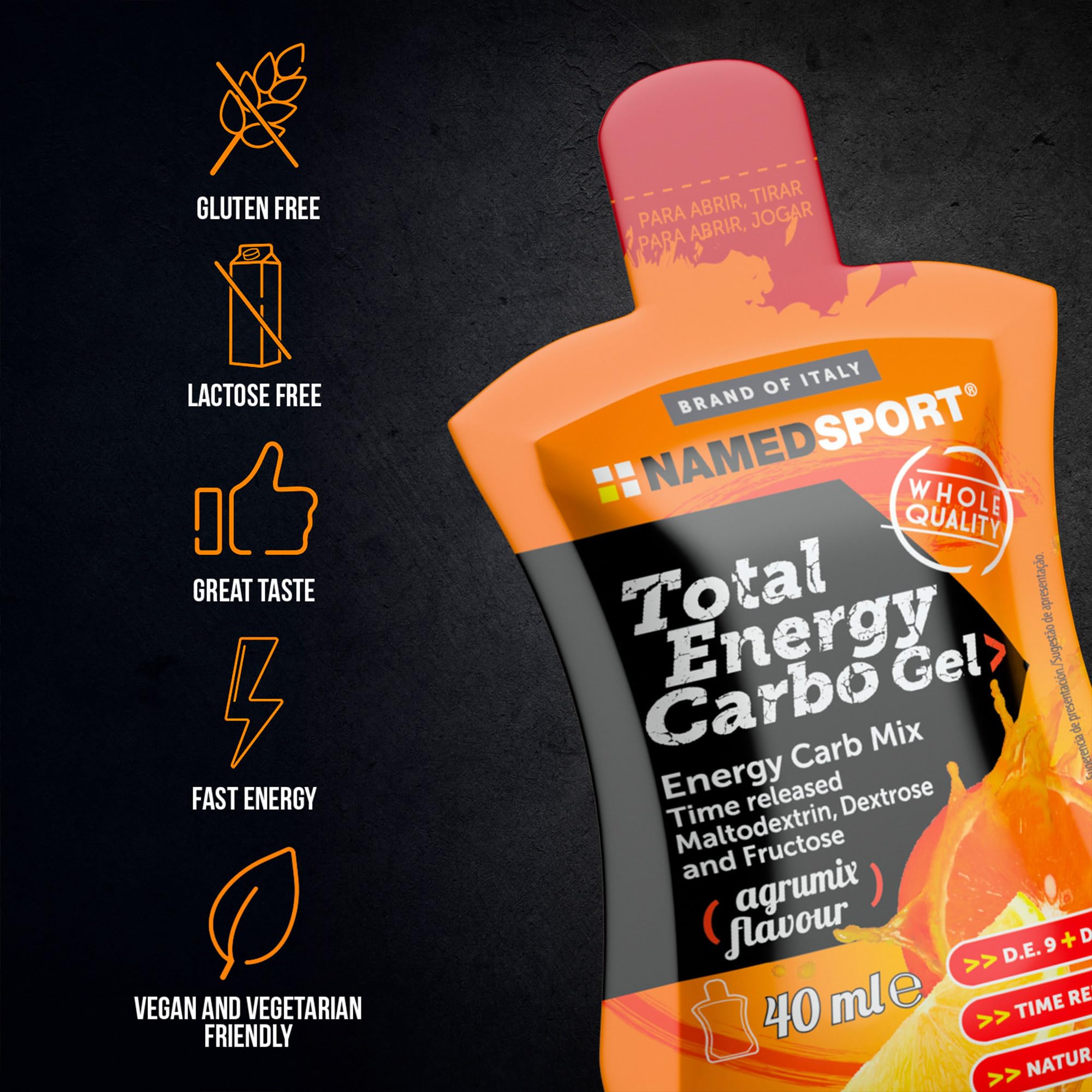 NAMEDSPORT> Total Energy Carbo Gel> Agrumix, Energie-Gel auf Maltodextrin-Basis, Ideal für Ausdauersport, Wirkt Muskelkrämpfen und -schmerzen entgegen, Marke aus Italien, 18er Pack