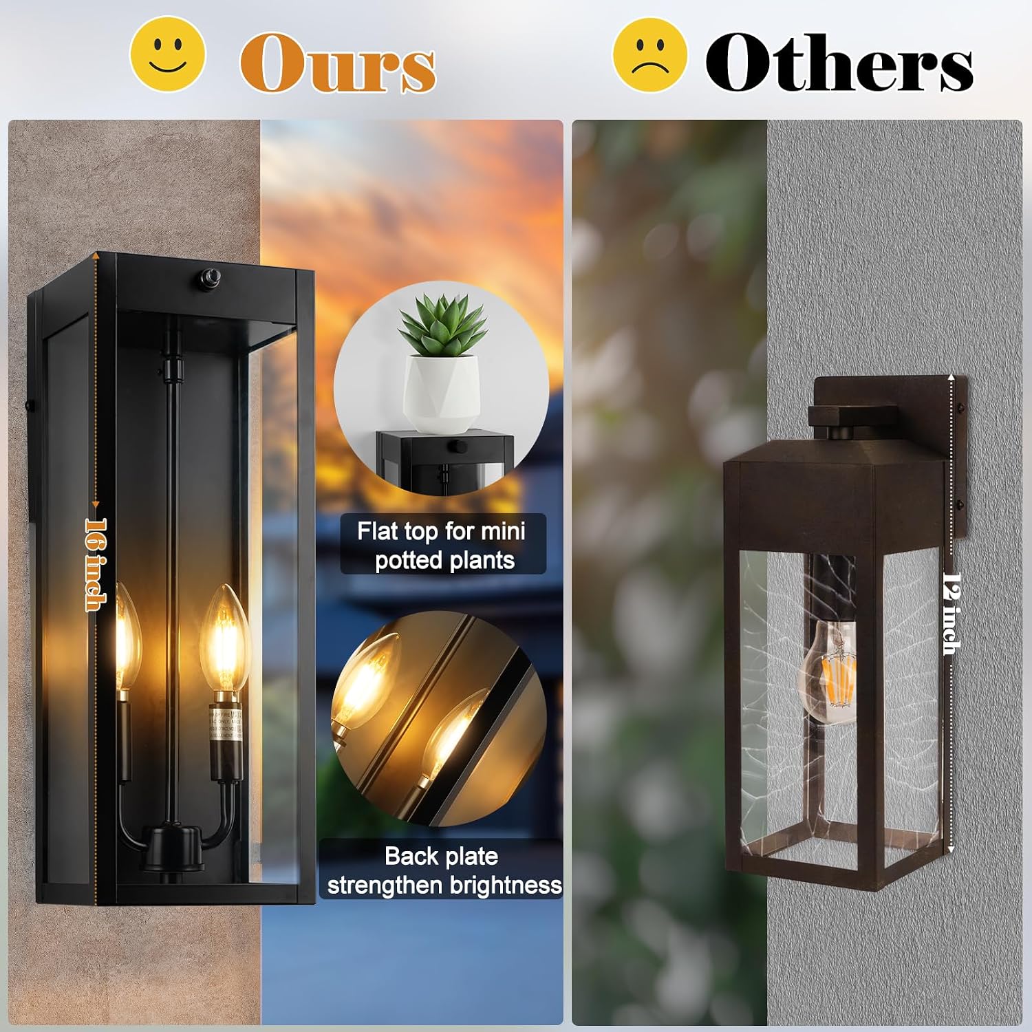 16” Dusk to Dawn Outdoor Lighting, 2 Pack Black Modern Porch Outside Lights for House 2-Light, Photocell Sensor Exterior Patio Coach Wall Lanterns Outside Garden Sconce Lamps Waterproof E12