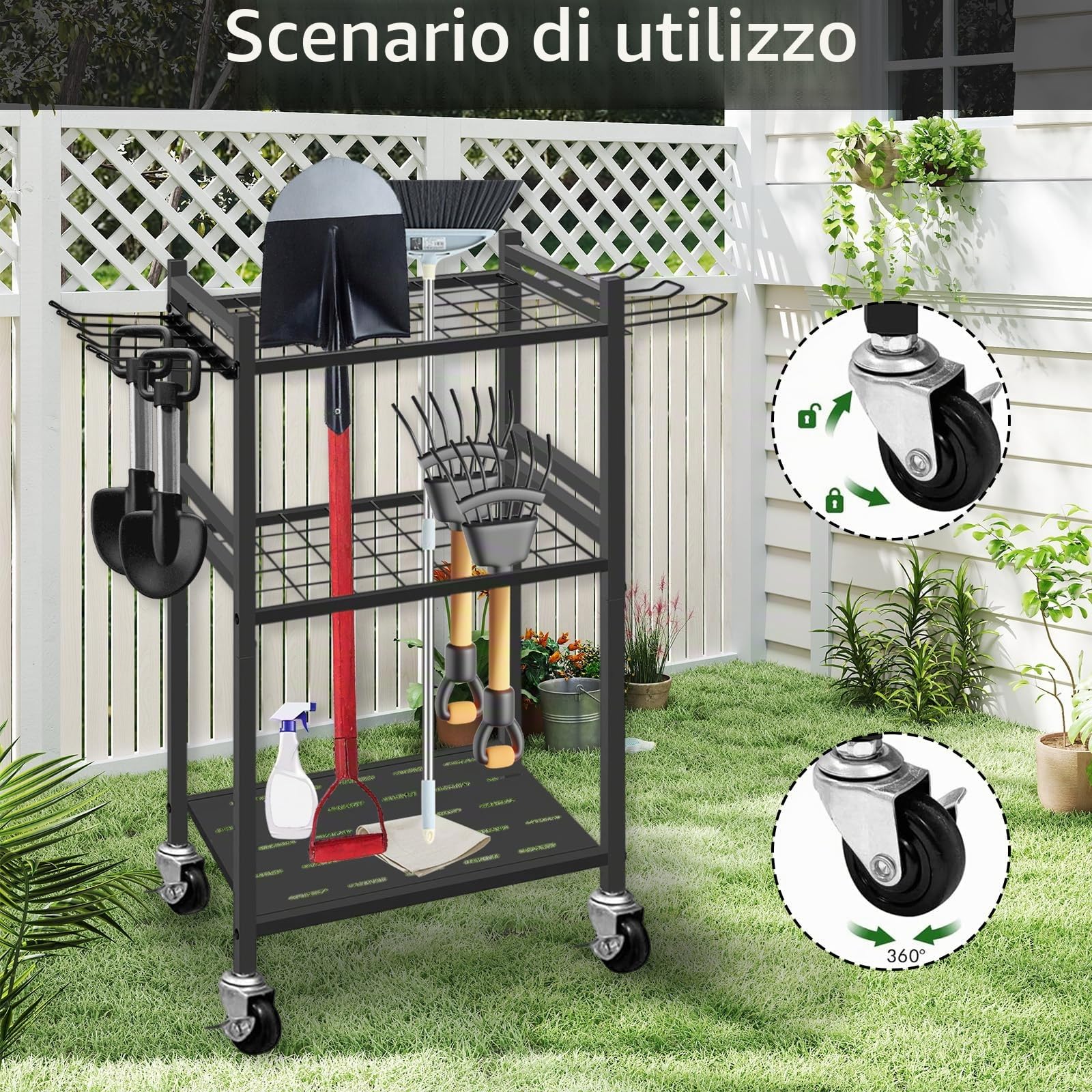 Porta Attrezzi, Porta Attrezzi da Giardino con Ruota Universale 43 x 30 x 81,3 cm Porta Scope Nero con 6 Ganci Laterali Lunghi e 3 Ganci Portaoggetti per Garage Giardini Capannoni