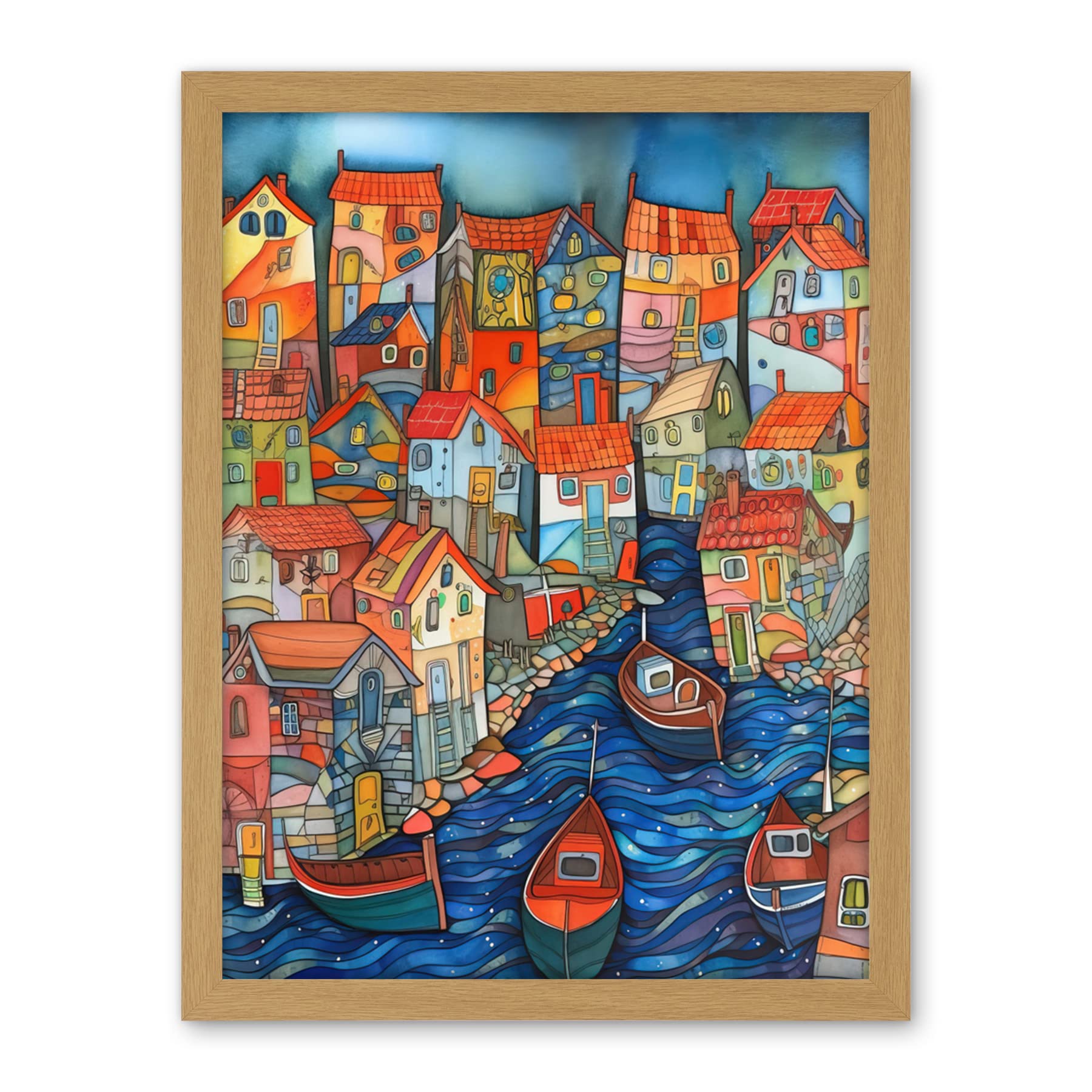 Artery8 Fishing Village Canal Folk Art Watercolour Painting Artwork Framed Wall Art Print 18X24 Inch