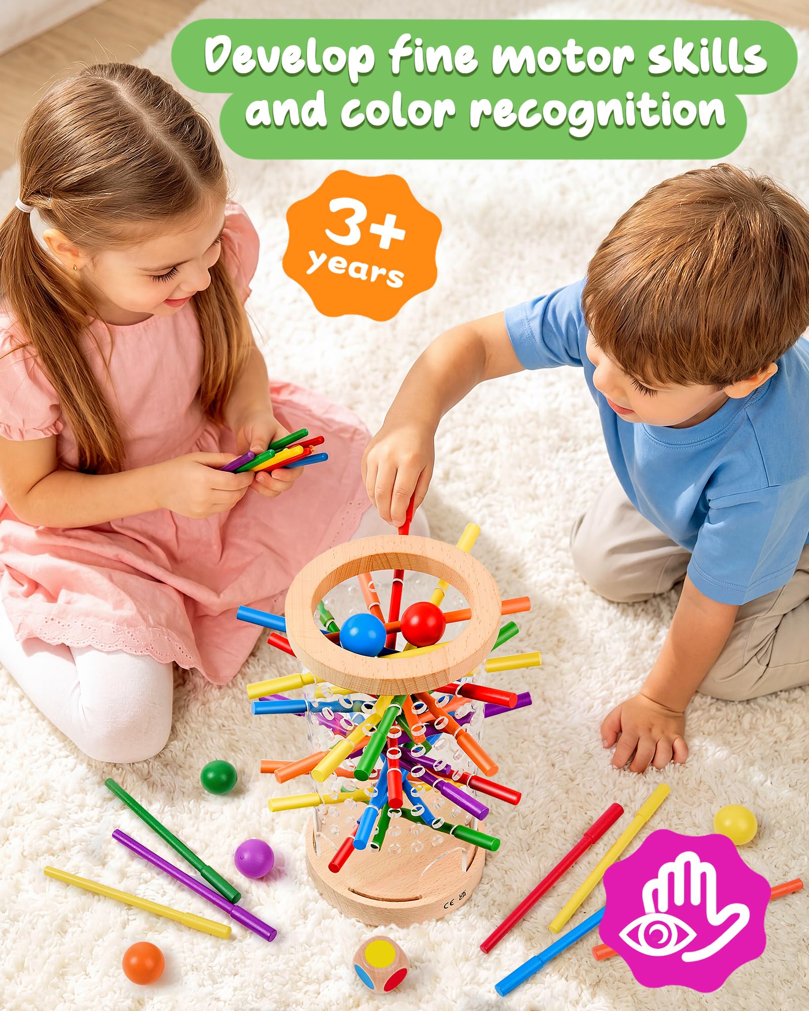 Montessori Holz Brettspiel ab 3–6 Jahre mit Ball & Antirutsch-Stäbchen | Antirutsch-Stäbchen, Transparenter Turm, Lernspielzeug für Motorik & Konzentration, Geschenk, Kompakt & tragbar für unterwegs