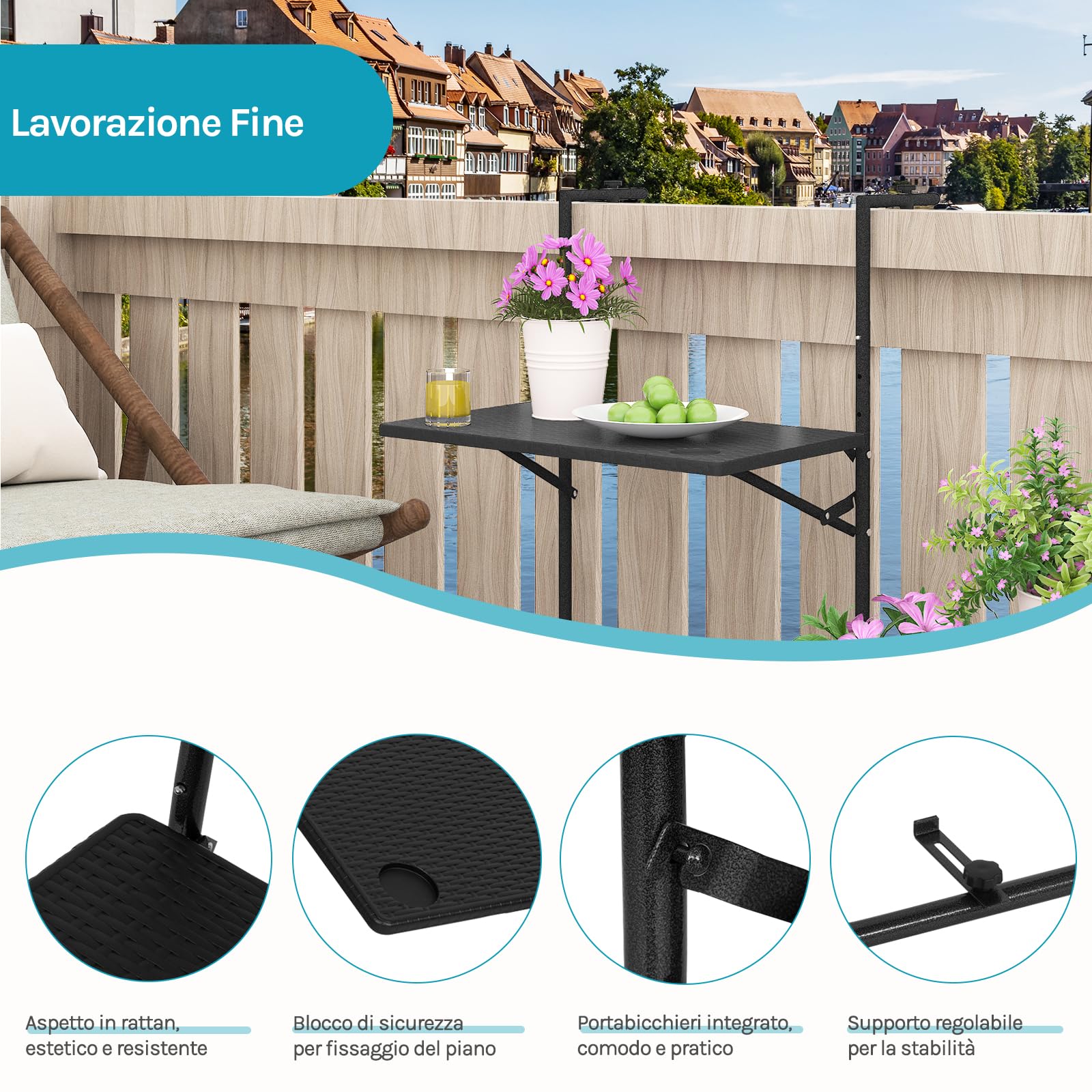 WOLTU Tavolino Pieghevole da Balcone Regolabile in 3 Altezze, Tavolo Sospeso per Ringhiera, Rattan, Nero