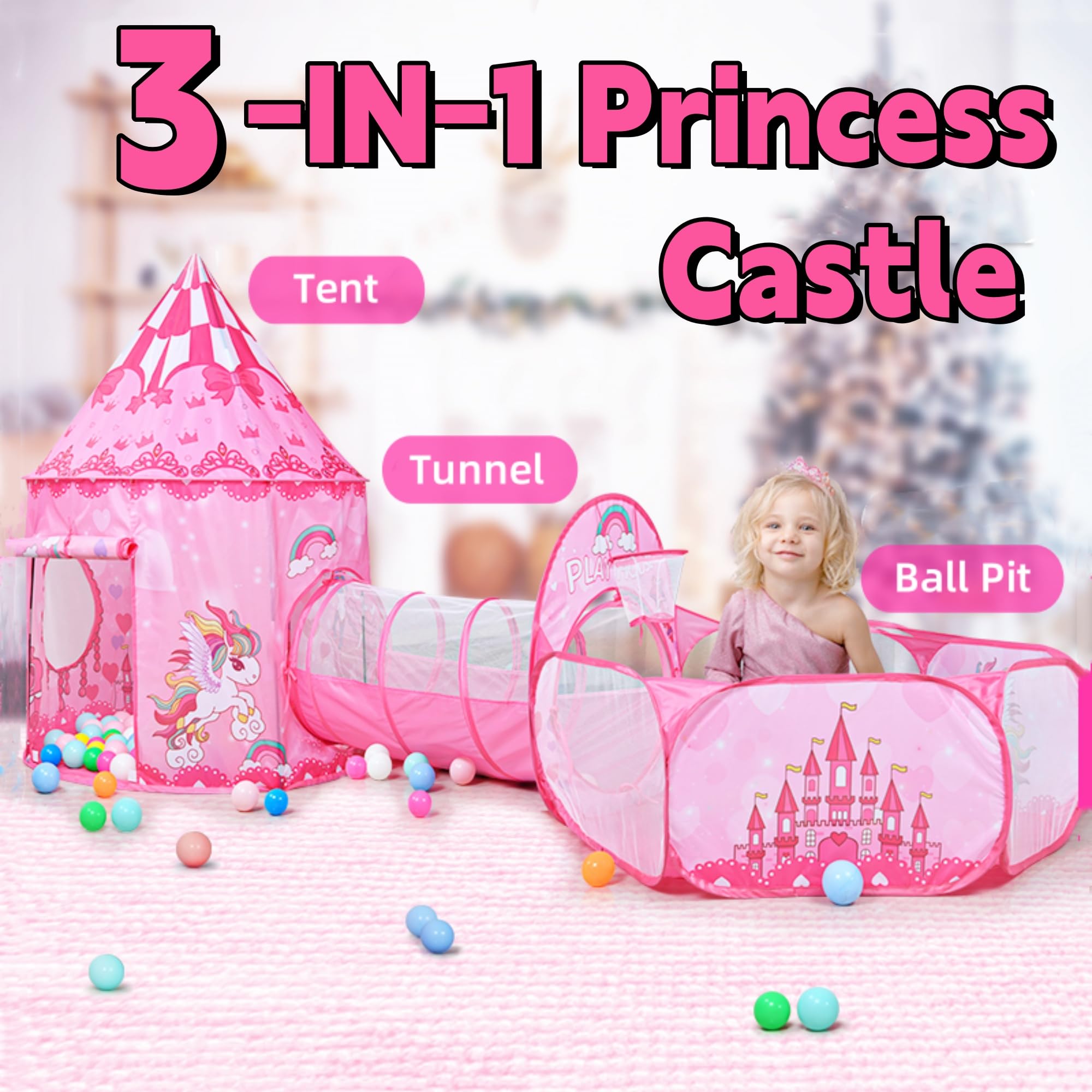 Tienda de campaña Infantil, Castillo Princesa 3 en 1 con Tienda, Túnel y Piscina de Pelotas