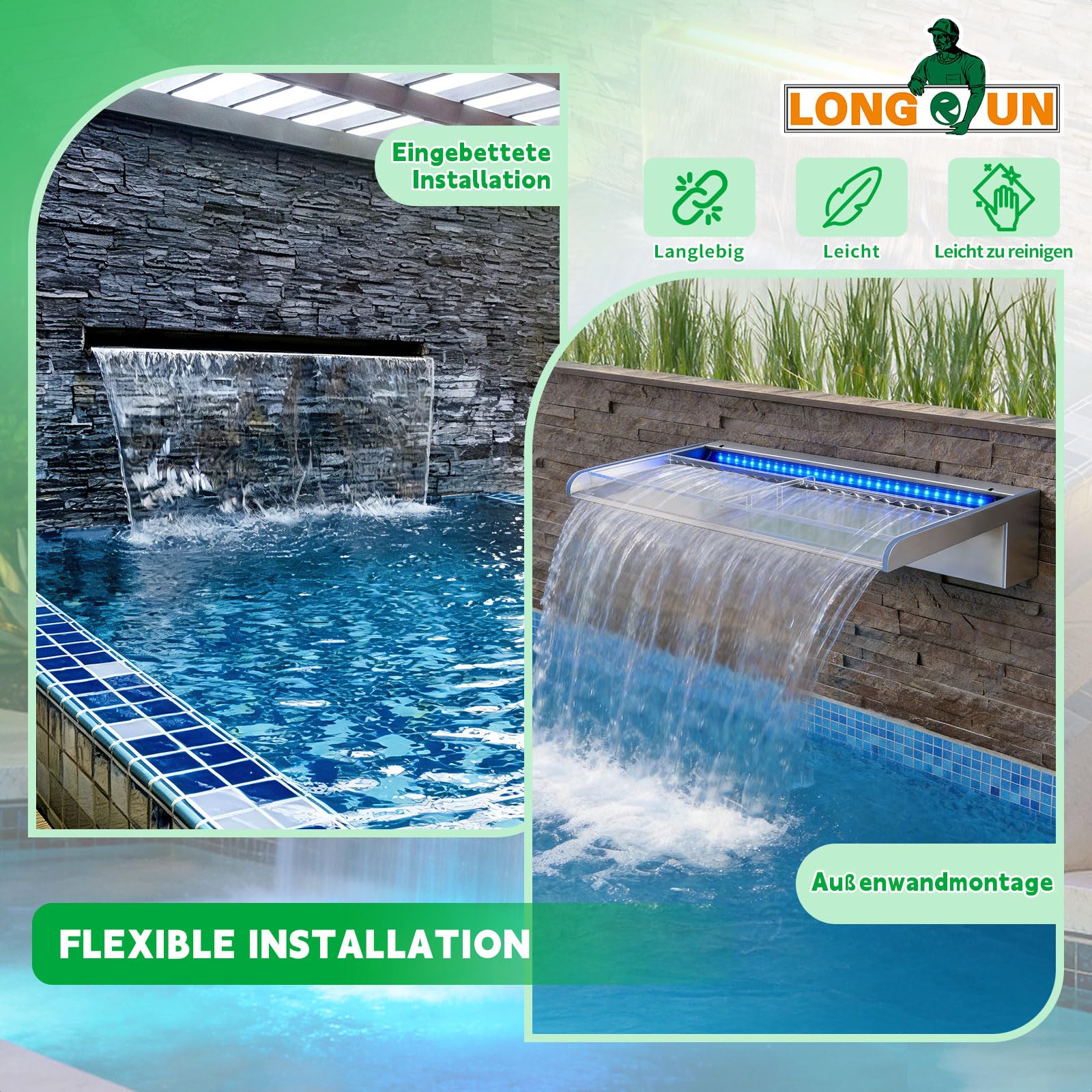 LONGRUN 90cm Teich-Wasserfall aus Acryl mit RGB LED-Leiste & Bluetooth-App-Steuerung, Garten-Wasserfall für Teich, Pool und Schwimmbad