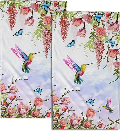 Juego de 2 toallas de mano florales rosas con diseño de mariposa de colibrí, suaves, absorbentes, para invitados, cocina, cocina, spa, hogar,