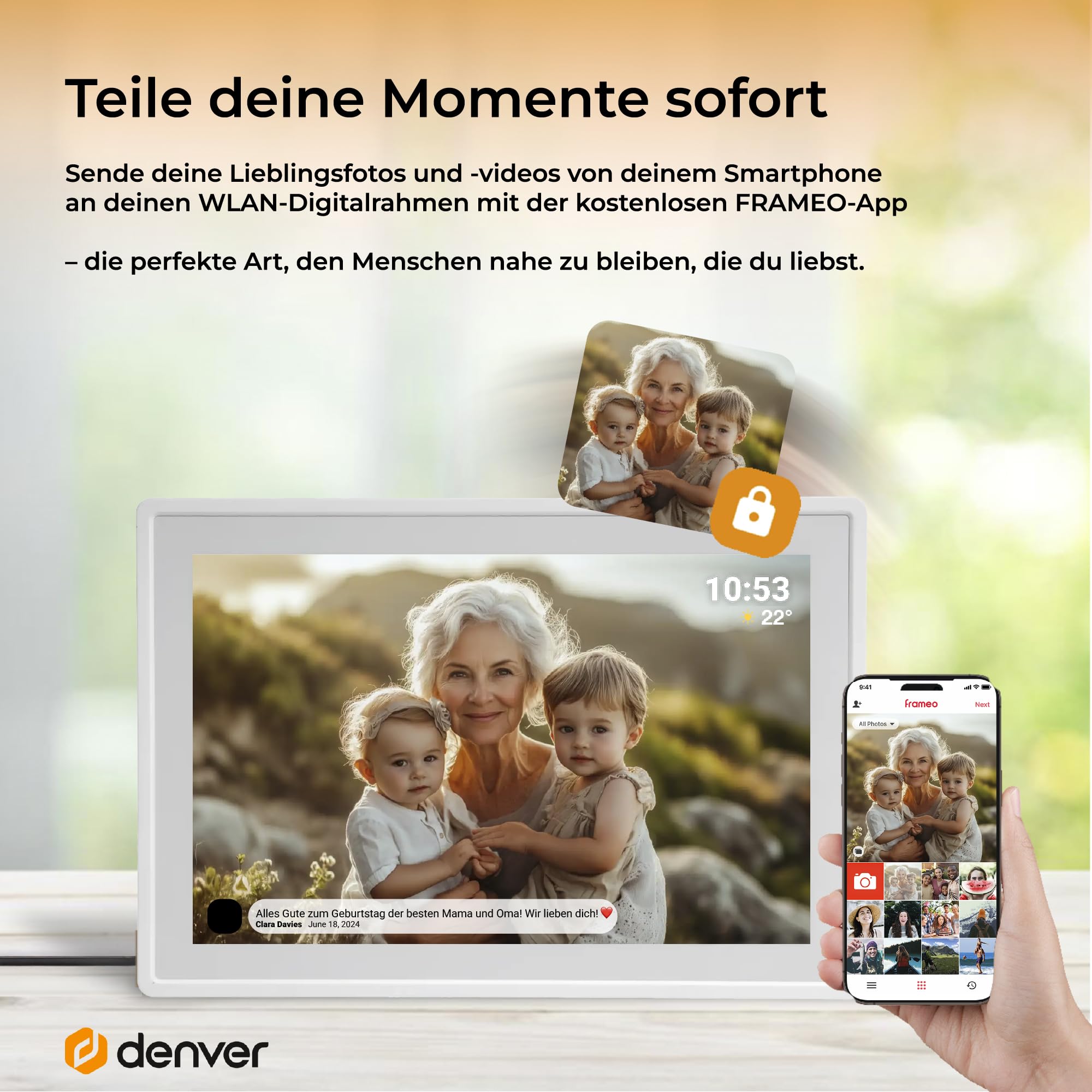 Denver Digitaler Bilderrahmen Weiß 10,1 Zoll mit WLAN – Frameo Digital Photo Frame mit Touchscreen & 16 GB – Elektrischer Bilderrahmen mit App-Steuerung - USB & microSD | Bilder per Handy, SD-Karte
