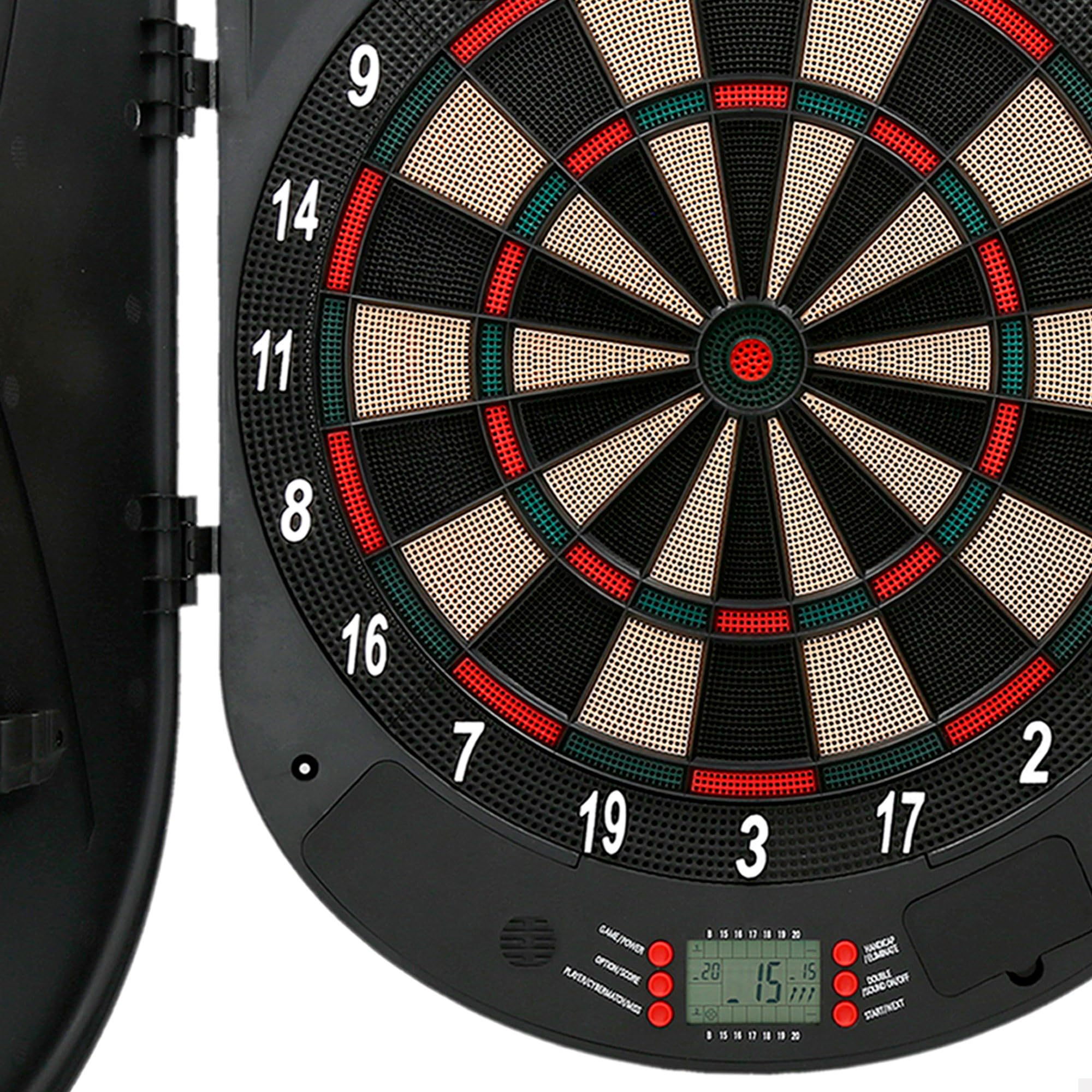 AKTIVE Cible de Fléchettes Électronique Murale 54 cm, 26 Jeux et 70 Variantes, Panneau Numérique, Lumières, 6 Fléchettes et 6 Pointes Supplémentaires, Portes Pliantes, 2 Piles AA (Non Incluses)