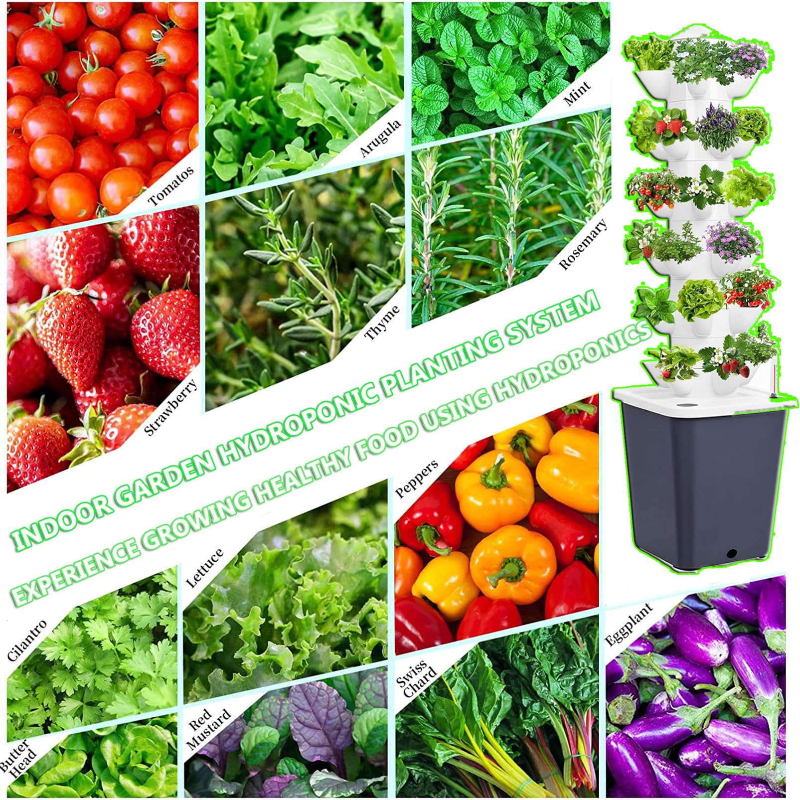 Hydroponic Growing Tower, Hydroponie Kit Complet 30/45 Trous, kit de Culture aéroponique pour Herbes, Fruits et légumes avec Pompe hydratante, Adaptateur, Pots en Filet