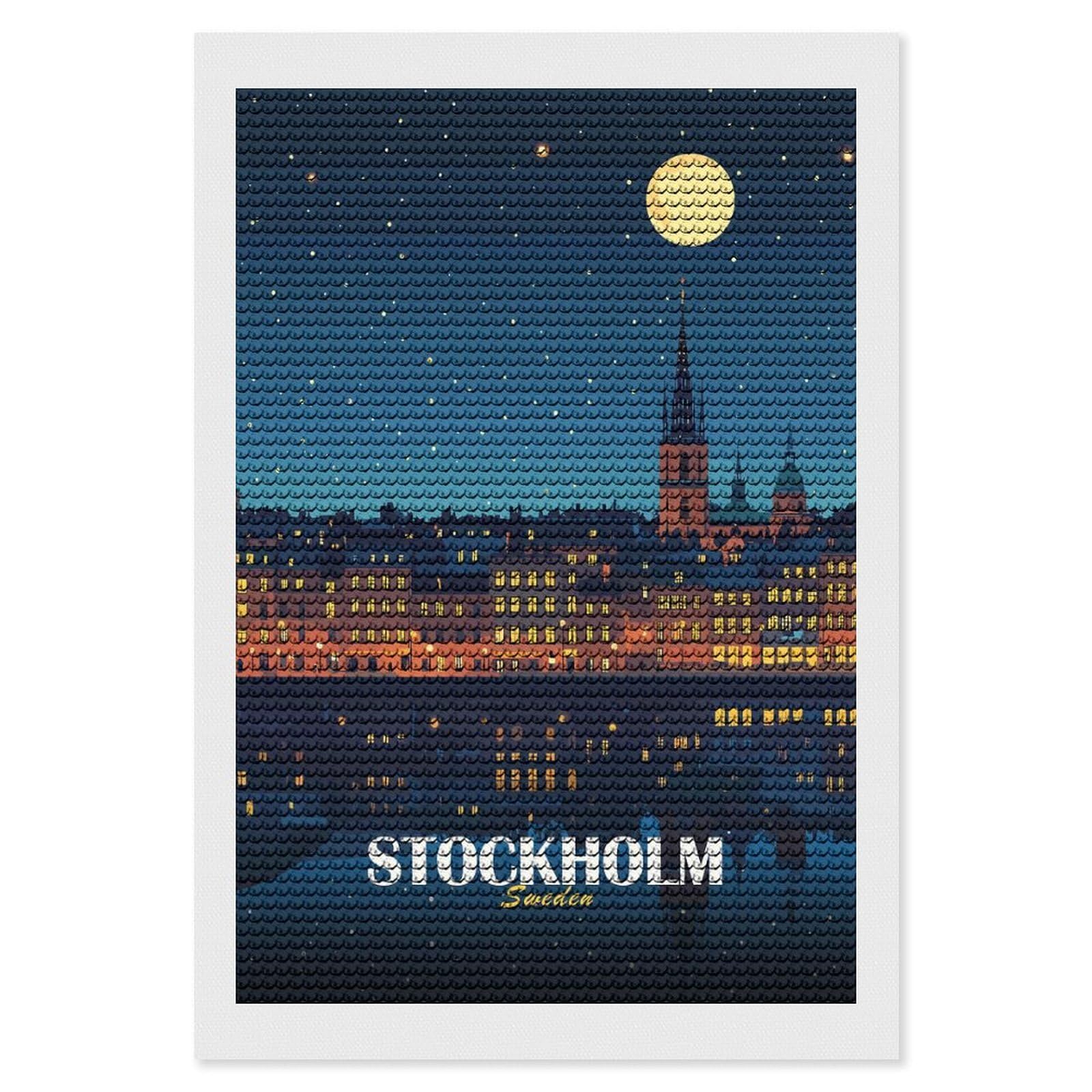 Junmoney Stockholm Sweden Night Cityscape Illustration Diamond Art Canvas 8"x12", Easy to Follow Symbols, Finish and Display, Fun Craft Experience, Aesthetic Room Decor
