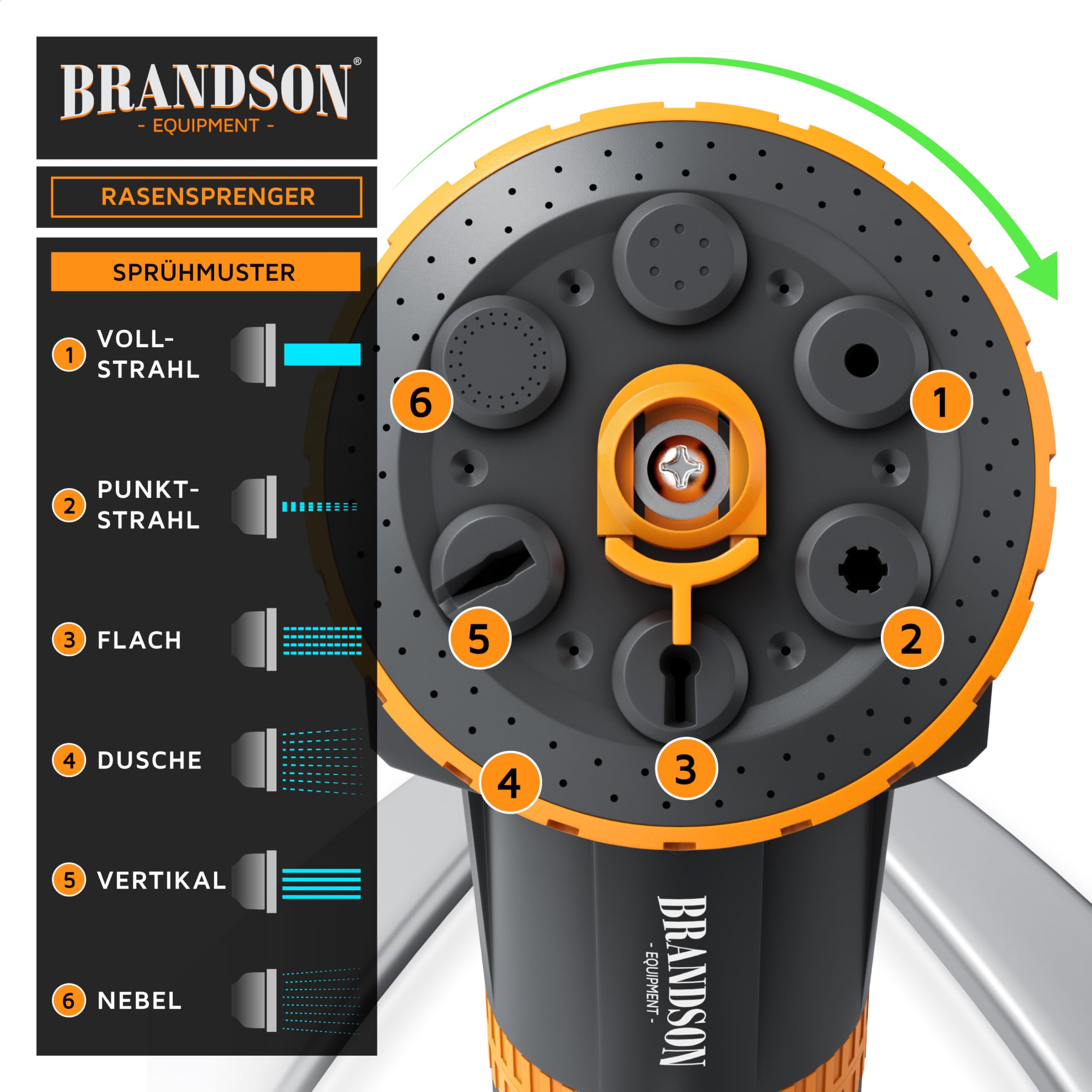 Brandson - Gartensprinkler mit Standfuß Metall – Garten Rasensprenger 3/4 Zoll - 6 Sprühmuster – 200 m2 Gesamtfläche - Einstellbarer Sprühwinkel – Bewässerungssektor bis 360° - Inkl Adapter 1/2 Zoll