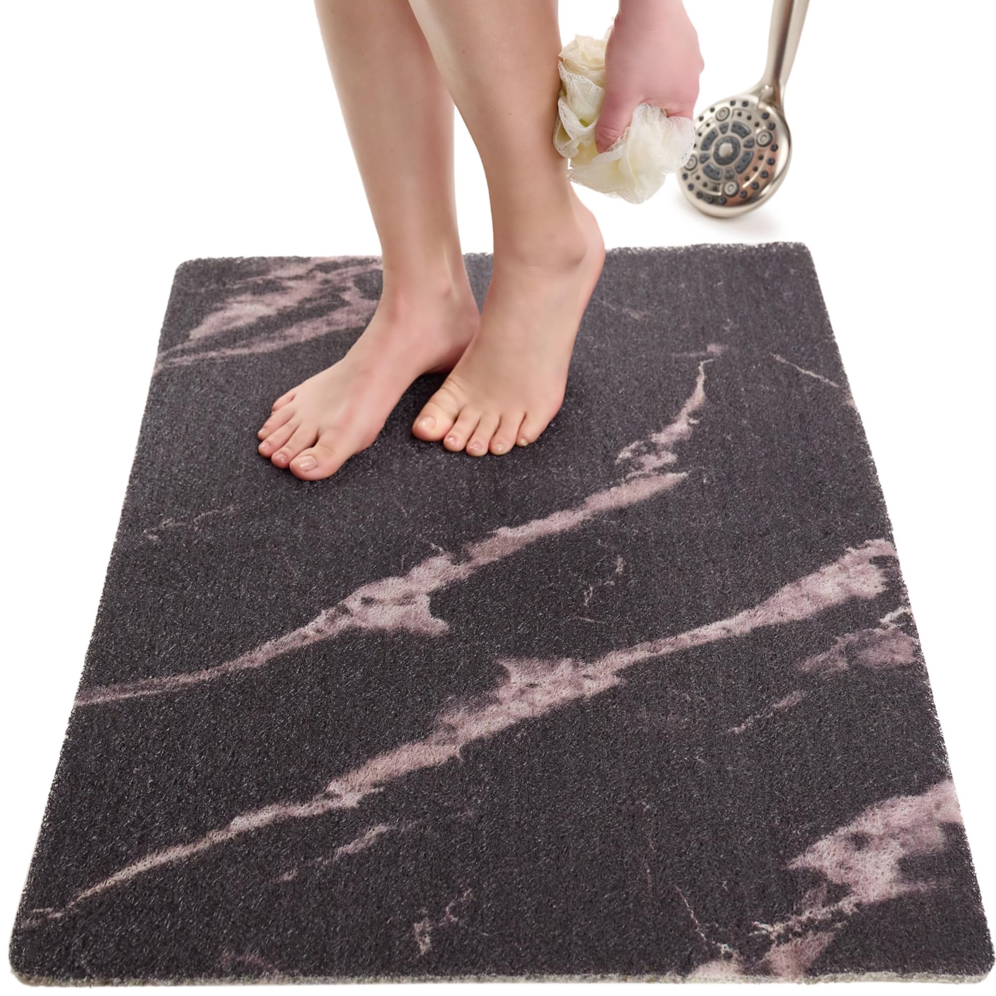 Enkosi Loofah Non-Slip Shower Mat - Shower Floors, Bathtub, Bathrooms, Wet Areas - Cushioned Bath Mat with Drain Holes - Quick Dry PVC, Secure Safety Pad Without Suction Cups (32x24 Marble Black)