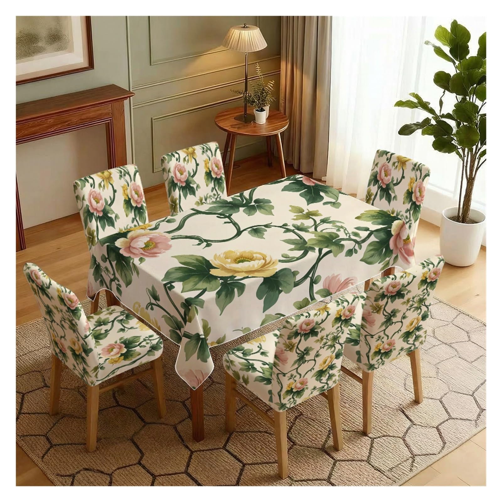 BOSUYBN Stretch Dining Chair Slipcover & Tablecloth Set, Cream Base Pink Yellow Vine Floral Print, 5/7 Pack, Vintage Cottage Elegant Home Decor Table Setting(7pcs Set: Tablecloth+Chair Covers)