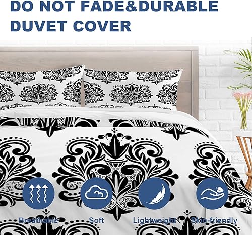 Miniatura 2 de Batmerry Juego de edredón de 3 piezas con estampado floral negro y blanco, suave, esponjoso, vintage, damasco, hermoso patrón barroco negro, funda