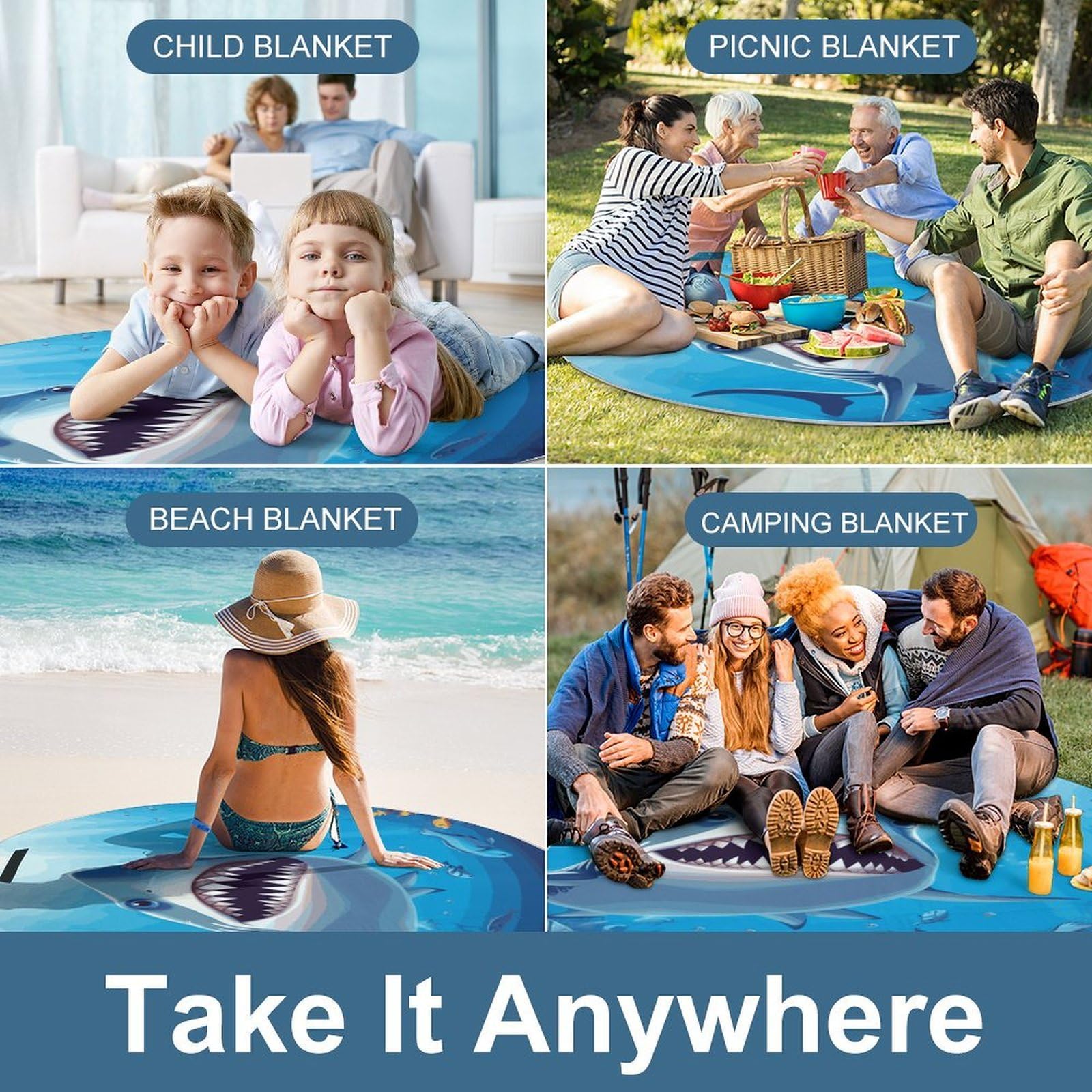 Manta de picnic con diseño de tiburón sonriente, plegable, ligera, impermeable, para exteriores, para primavera, verano, camping, parque, viajes, hierba