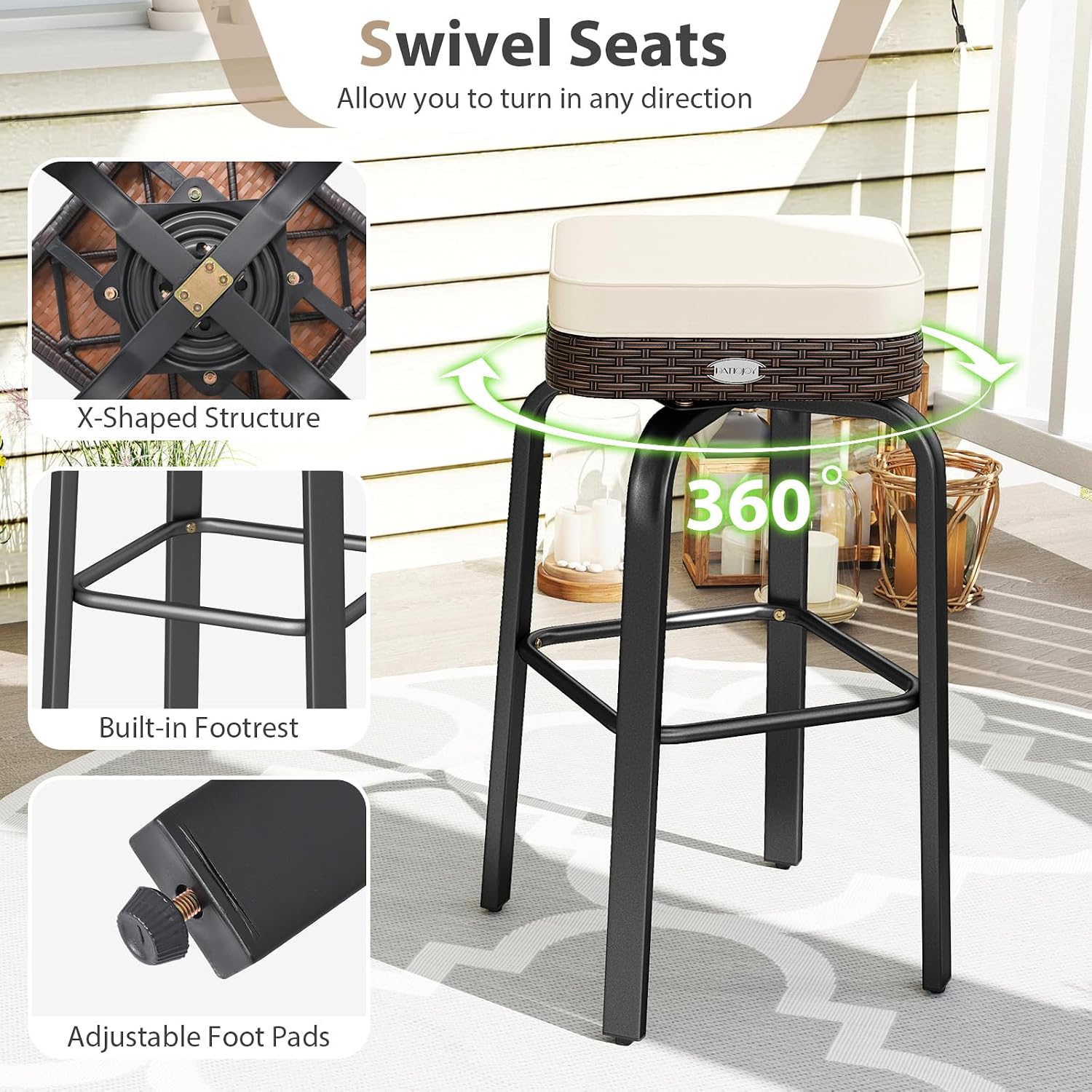 Tangkula 3 Pieces Outdoor Swivel Bar Set, PE Rattan Patio Bar Height Tempered Glass Top Table with 2 Cushioned Stools, for Balcony, Poolside & Garden