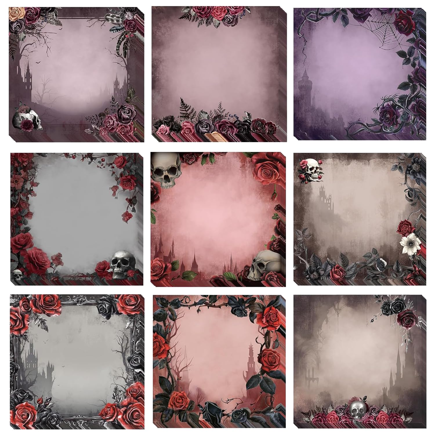 9 Pieces Gothic Style Post It Notes, Self-Adhesive Mini Sticky Notes Set, Funny Sticky Notes Gothic Gifts for Women Men Teenagers Students Teachers (Red Roses)