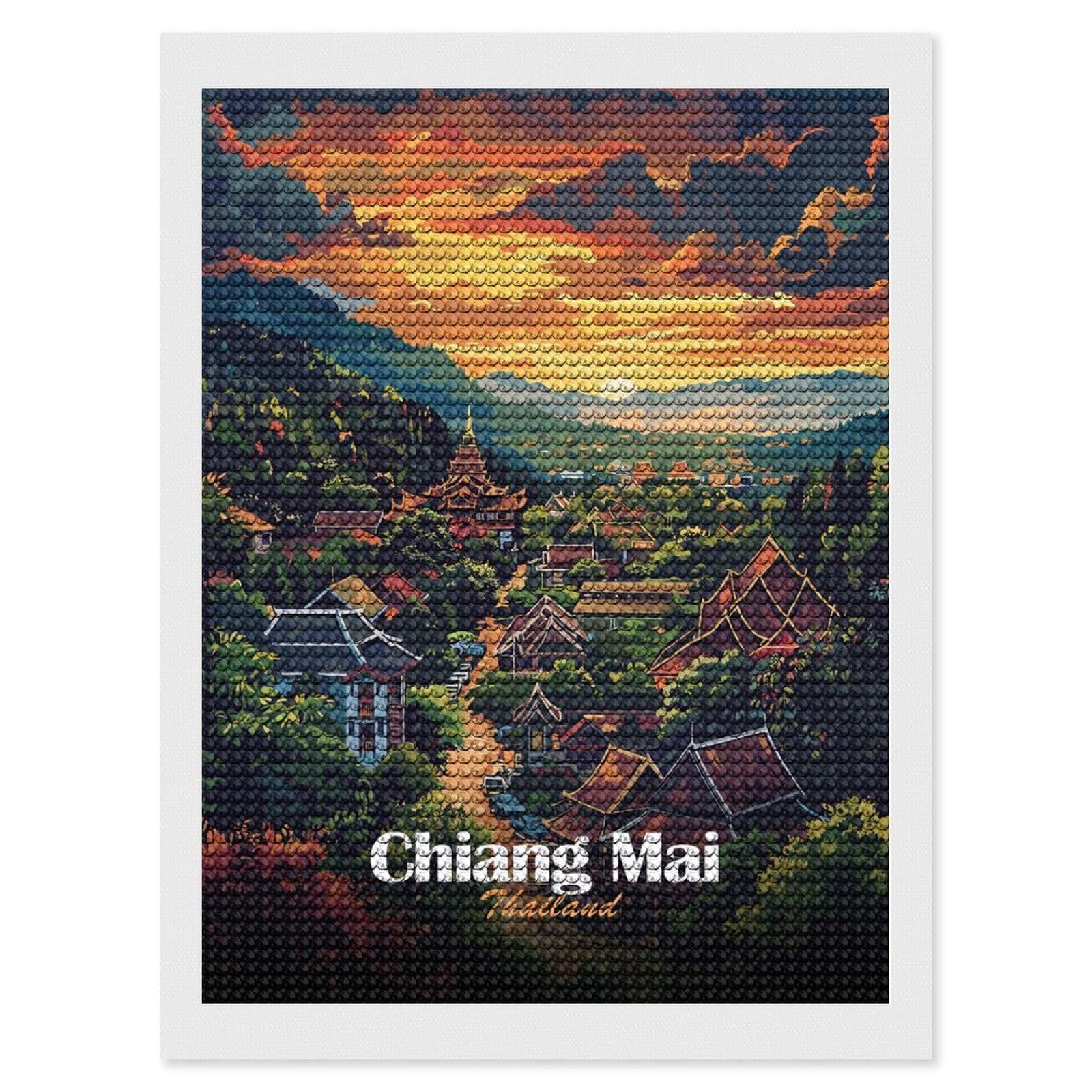 Junmoney Chiang Mai Thailand Landscape Art Diamond Art Canvas 12"x16", Full Kit Included, Bedroom Decor, for Beginners, Thoughtful Handmade Gift