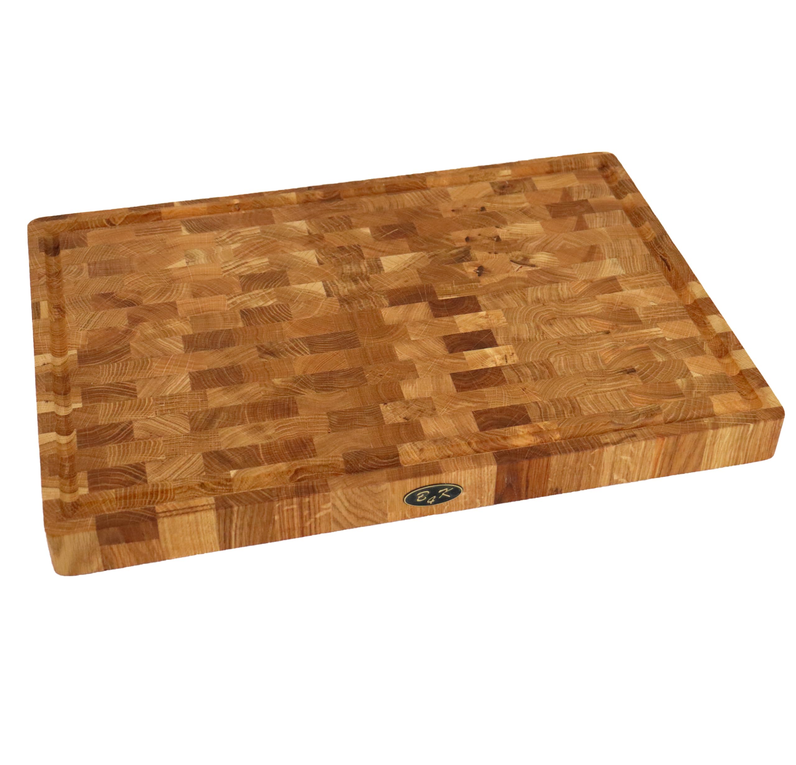 B4K® Tagliere in Legno di Quercia, 50 × 35 × 4 cm | Legno di Cervello Massiccio, Antibatterico, Con Manici, Scanalatura e Piedini in Silicone, Per Cucina, Carne e Barbecue