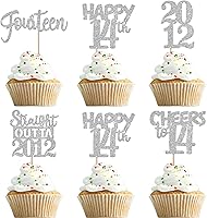 Vista 17 de 30 piezas de decoraciones para pastel de cumpleaños número 10, decoraciones de cupcakes negras con brillo, 10 feliz cumple, directo desde 2016, 10