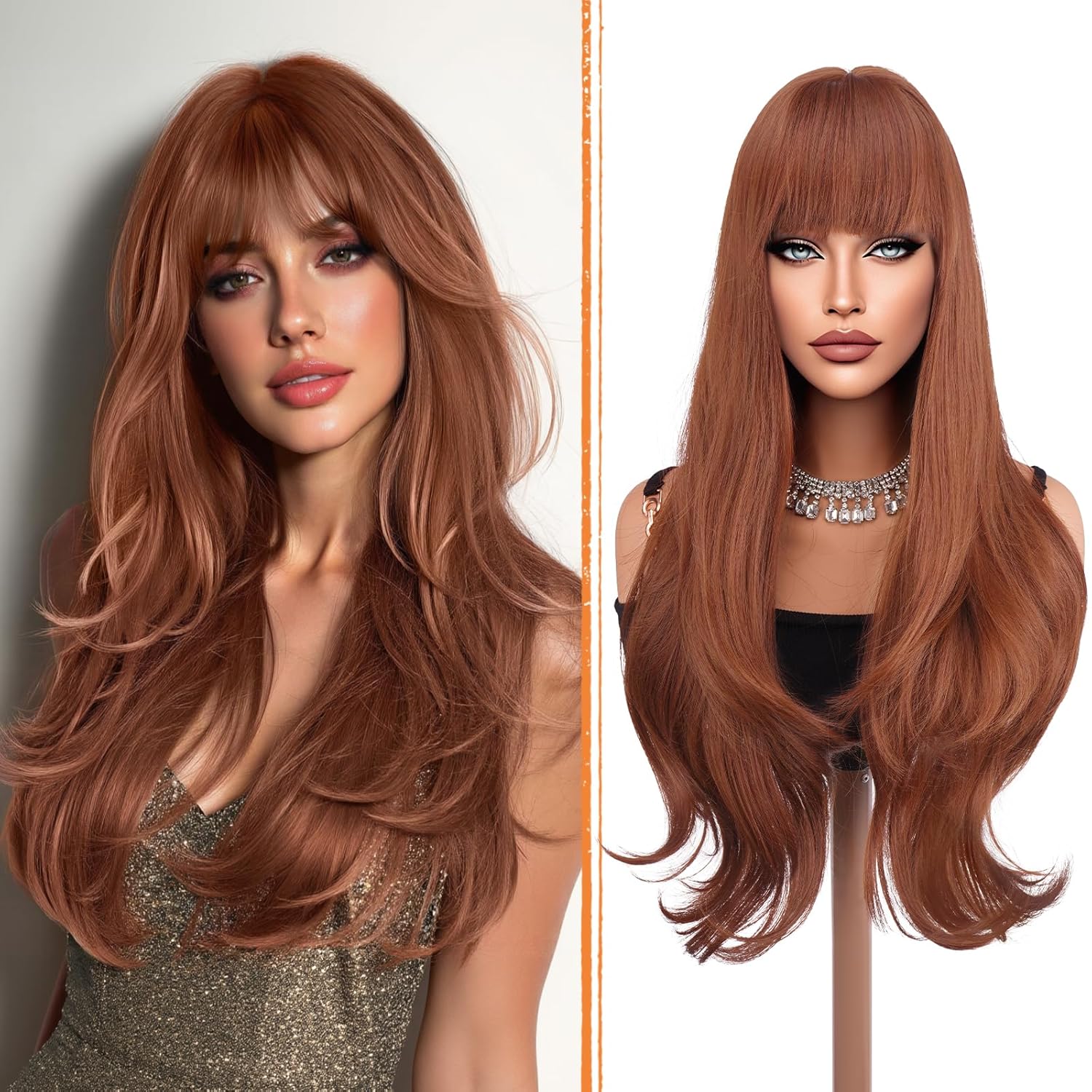 Haloo Auburn Wigs with Bangs – Long Layered Natural Looking Synthetic Heat Resistant Wavy Hair Wigs for Women Daily Party, 26 Inch Haloo Auburn Wigs with Bangs – Long Layered Natural Looking Synthetic Heat Resistant Wavy Hair Wigs for Women Daily Party, 26 Inch