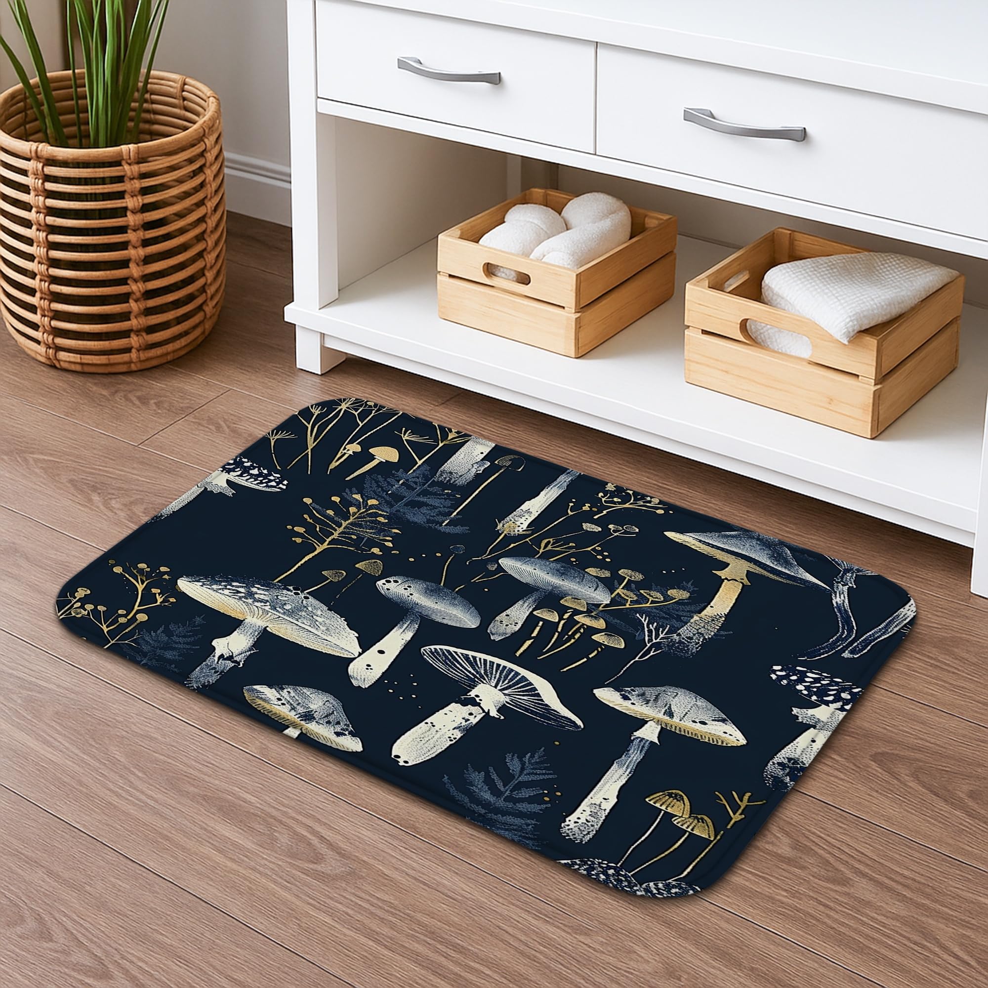 Navy Mushroom Quick Dry Bath Mat, Botanical Forest Pattern Absorbent Non Slip Shower Mat, Autumn Memory Foam Washable Bath Rugs for Bathroom Toilet