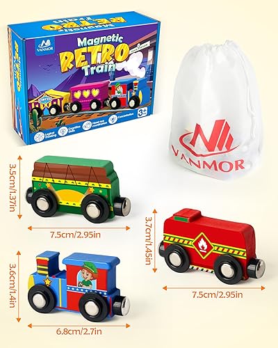 Miniatura 7 de Vanmor Juego de tren magnético de madera para niños pequeños, 10 piezas de autos de juguete educativos con imanes, incluye bolsa de almacenamiento,