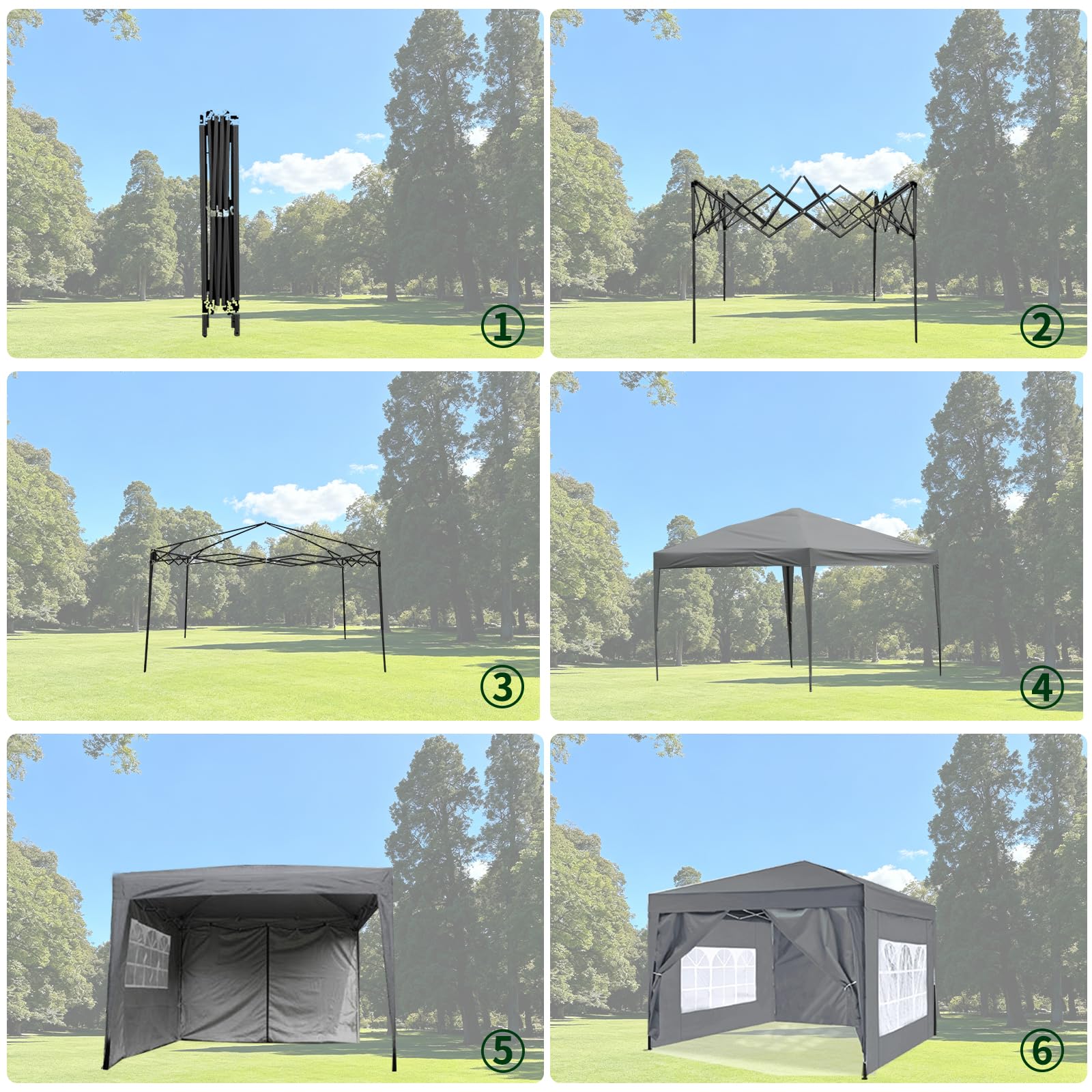 ISE 3x3m Gazebo Pieghevole con Pareti Laterali da Esterno, Gazebo da Giardino Pop Up Gazebo Tenda con Pannelli Laterali Altezza Regolabile (Grigio)