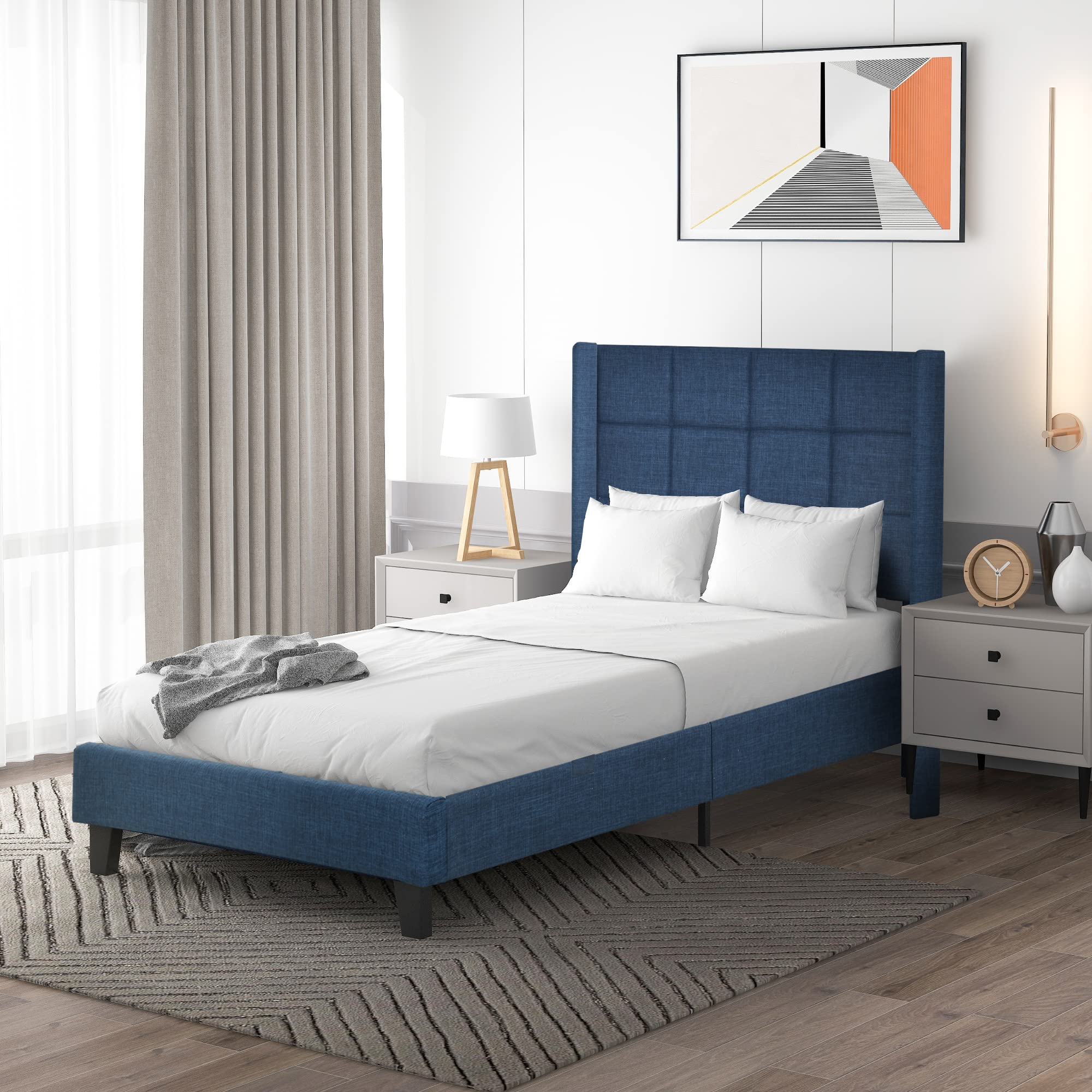 Dolamaní Letto imbottito 90 x 200 cm, con testiera e rete a doghe, con vano portaoggetti, in tessuto di lino, per adulti (singolo x 90, beige), 822021AAB-11