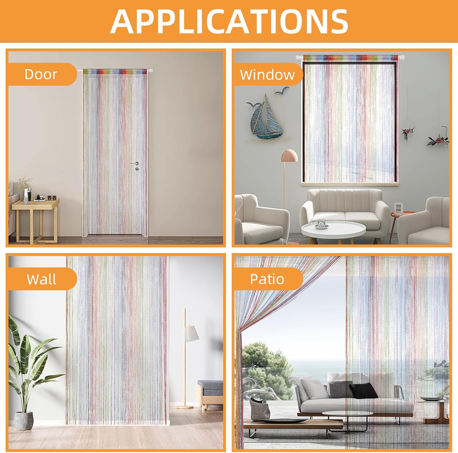 4 Pieces Glitter String Curtains Doorway Beads Curtains, 39 x 79 Inch Hanging Fringe Hippie Room Divider Door String Curtain Boho Doors Tassel for Doorways, Windows, Closet, Privacy Decor (Multicolor)