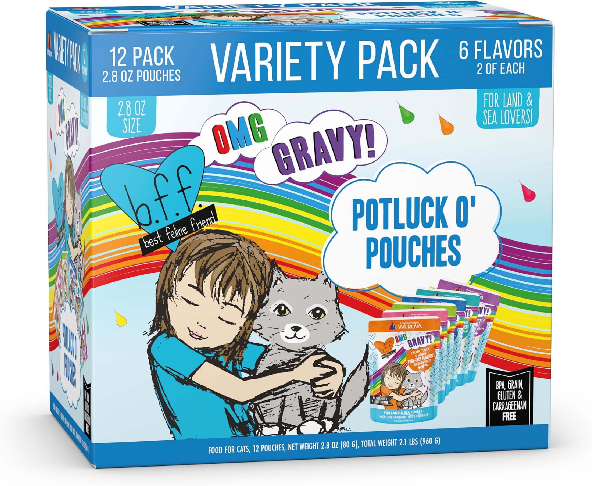 B.F.F. OMG - Best Feline Friend Oh My Gravy!, Variety Pack, Potluck O' Pouches, Wet Cat Food, 2.8Oz Pouches (Pack of 12)