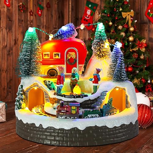 Miniatura 5 de Casa de pueblo de Navidad, edificios coleccionables musicales de Navidad, rotación de tren de hoguera con luces LED, aldea de vacaciones con USB,