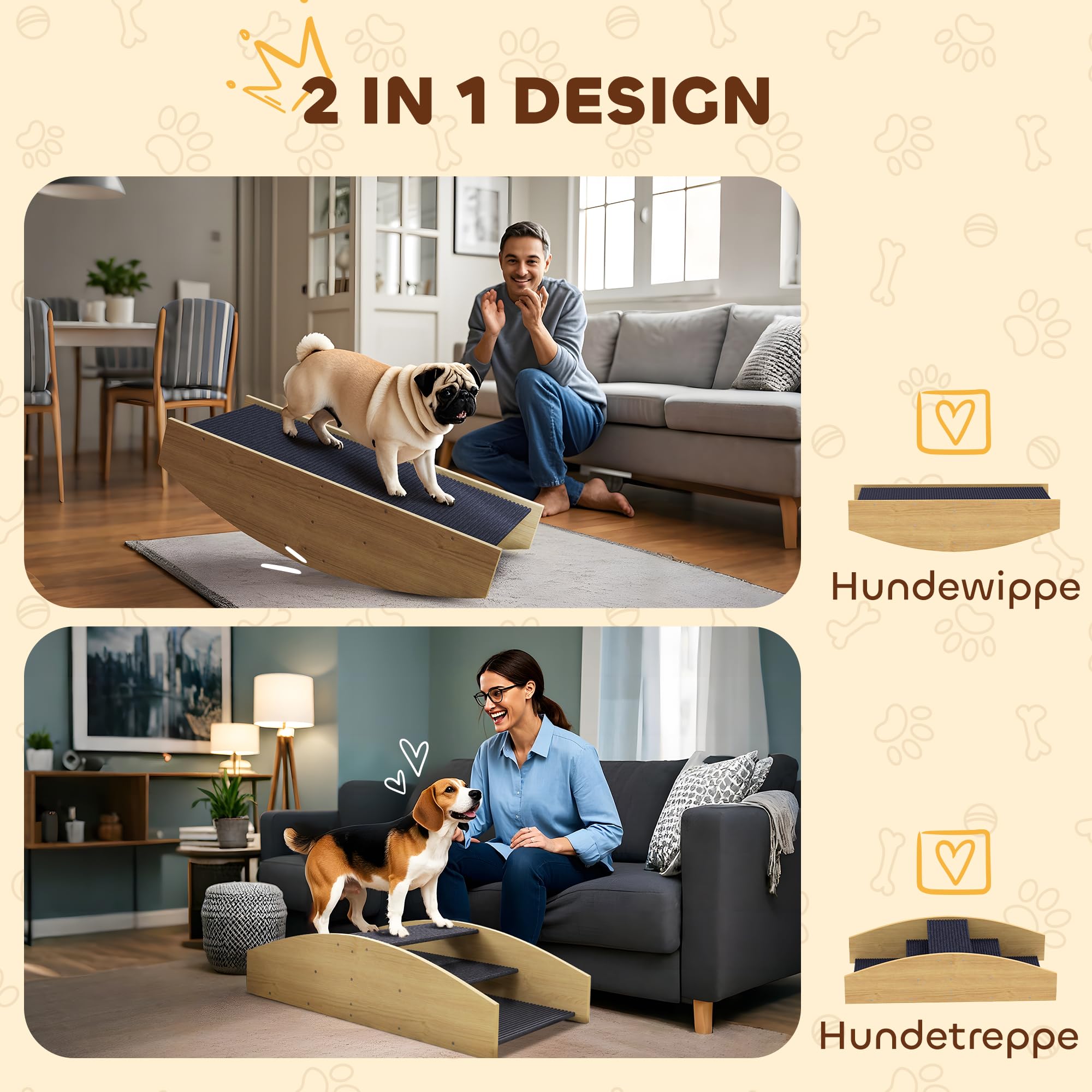 PawHut 2-in-1 Hundewippe für Kleine Hunde Welpen 80x39,5x20 cm Naturholz | Hunde Agility Wippe aus Holz, Rutschfeste Oberfläche, Hundetraining für Balance, für Mittelgroße Hund unter 15 kg
