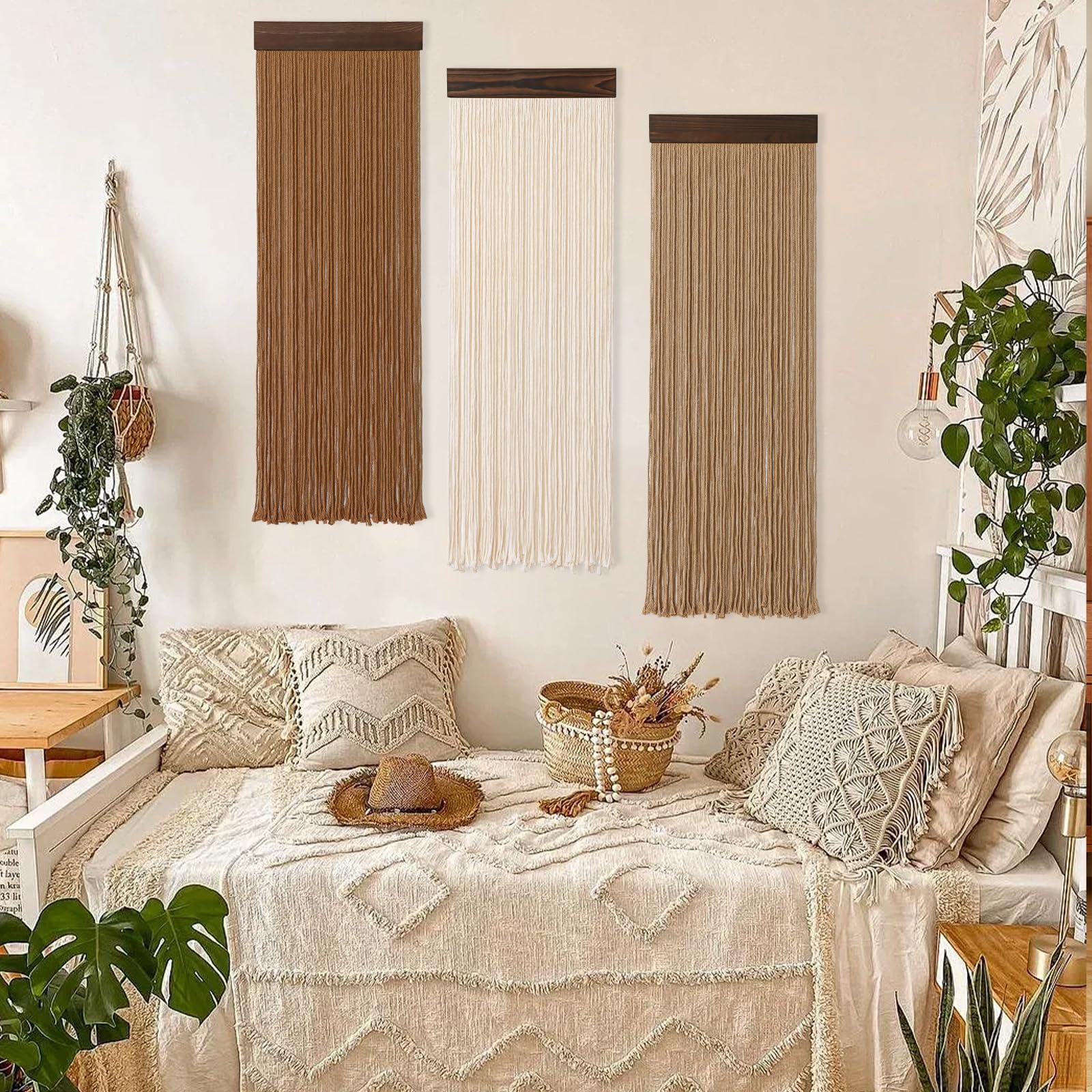 Weldomcor 3 piezas de hilo de macramé boho chic decoración del hogar, 30 x 92 cm, borlas, tapiz moderno hecho a mano, gran decoración de pared para salón, dormitorio, habitación de los niños