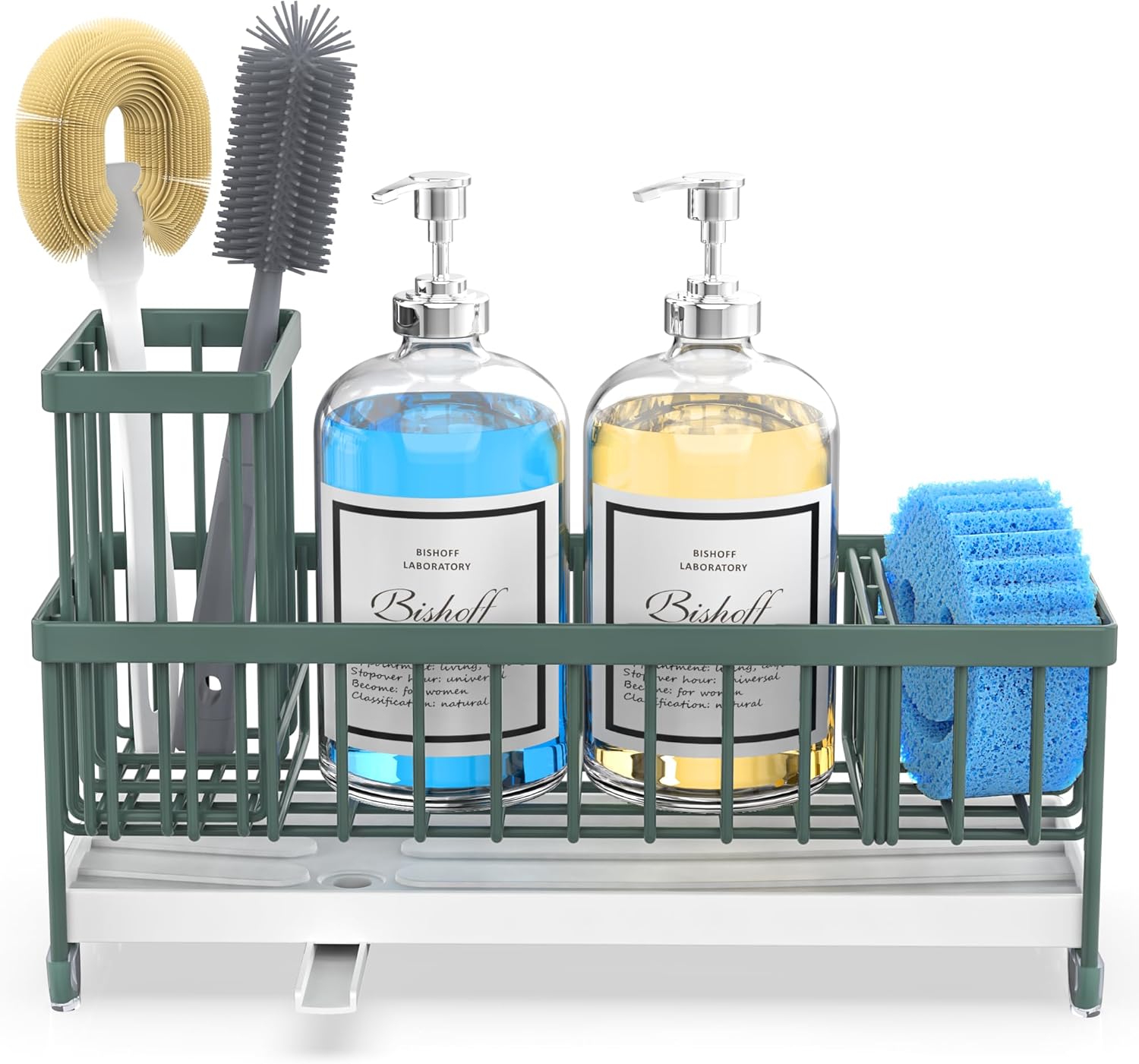 Moforoco Extra Large Sponge Holder for Kitchen Sink Organizer Caddy, Dish Brush Scrubber Holder,Stainless Steel Sink Box Utensil Holder,Soap Dispenser Set Tray Counter Accessories(Sage Green ) - Image 8