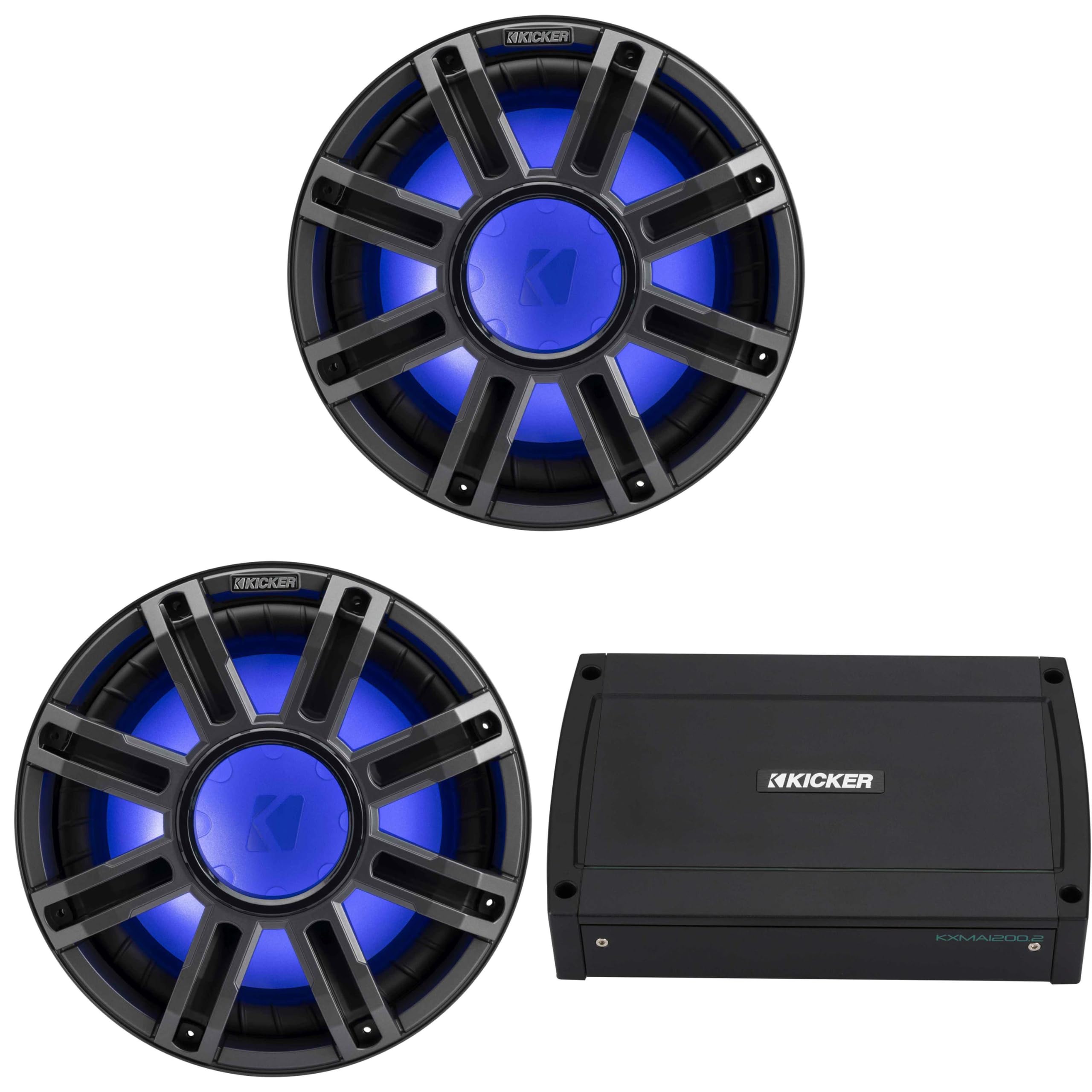 Kicker (2) 51MWE124 - MWE 12-Inch Premium Marine Subwoofer (Enclosure) 4-ohm & 48KXMA12002 Marine Amp Bundle