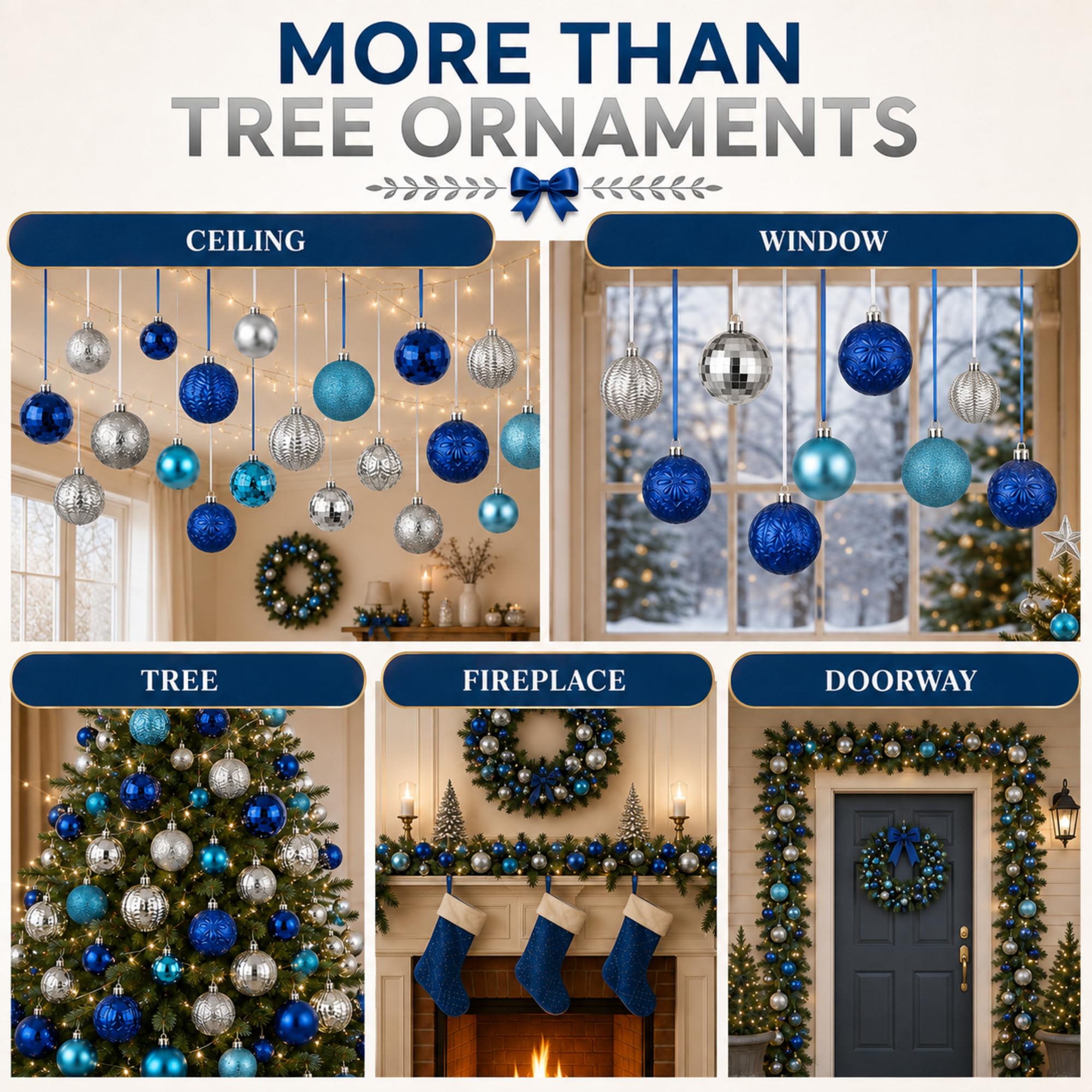 Lot de 36 boules de Noël incassables à suspendre pour sapin de Noël, décorations d'intérieur (bleu lac, bleu marine, argent)