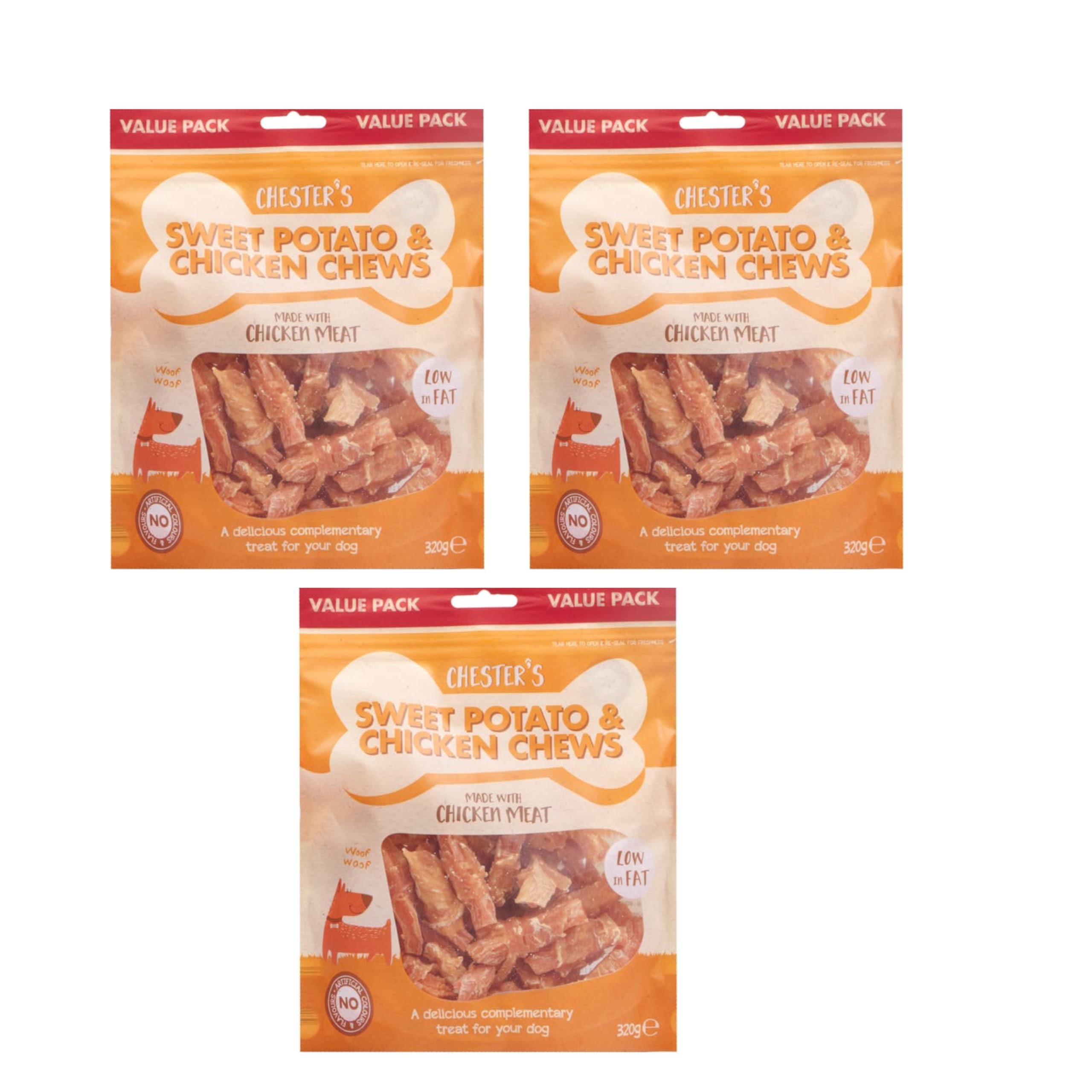 Chesters Meaty Chewy Chicken โ 100% Natural Chicken Breast Dog Treats, High Protein, Grain-Free, Healthy Snack, Training Treats, Pack of 3 (Sweet Potato & Chicken Chews)