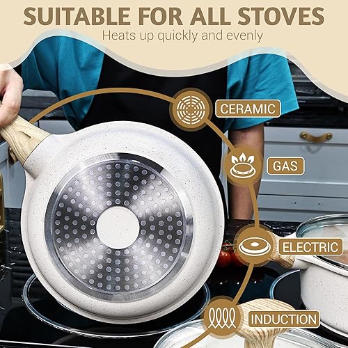 Miniatura 3 de Wodillo Juego de ollas y sartenes antiadherentes, juego de utensilios de cocina de inducción beige, sartén saludable antiadherente para saltear y