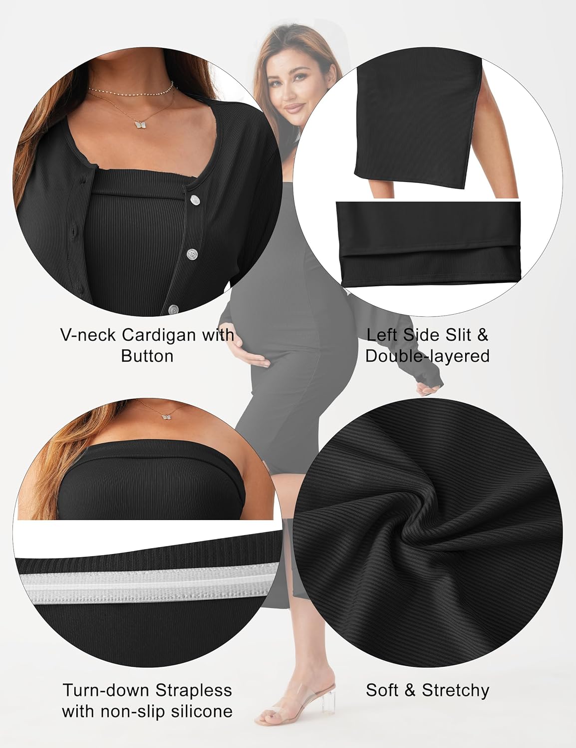 2 Piece Maternity Dress Cardigan Set, Strapless Bodycon Maxi Tube Dresses Long for Baby Shower Photoshoot Formal - Image 4