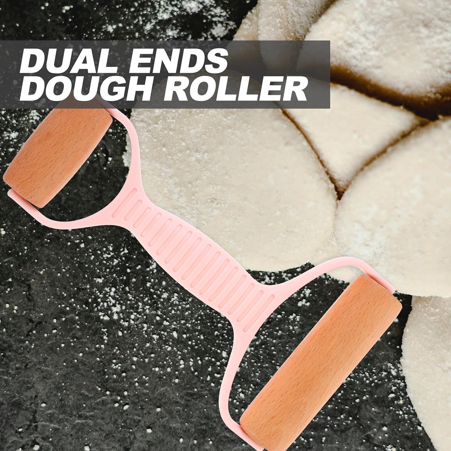 HOMSFOU Double-ended Wooden Rolling Pin for Dough and Pizza Baking, Pink Household Reusable Cookie and Pastry Roller, Kitchen Gadget for Bread and Pastry Preparation image 5