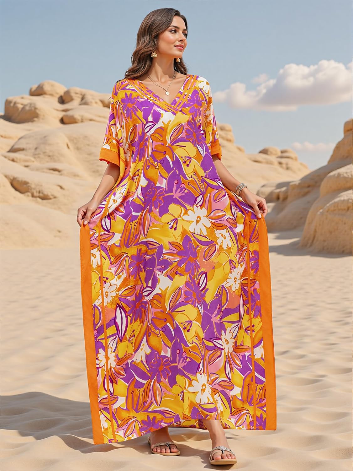 Plus Size Mumu Dresses for Women - Boho Batwing Sleeve Caftan with Side Slits, Long Moo Moo Nightgown & Beach Cover Up - Image 3